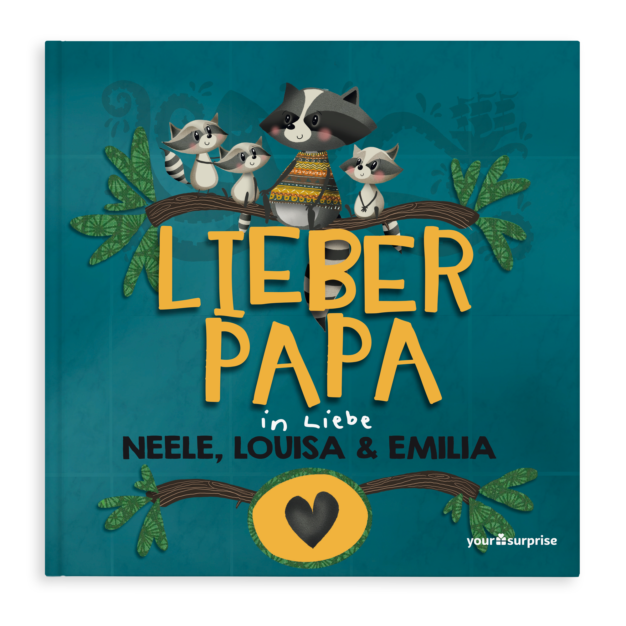 Personalisiertes Buch Lieber Papa mit Namen Nele Louisa Emilia und Waschbären auf dem Cover