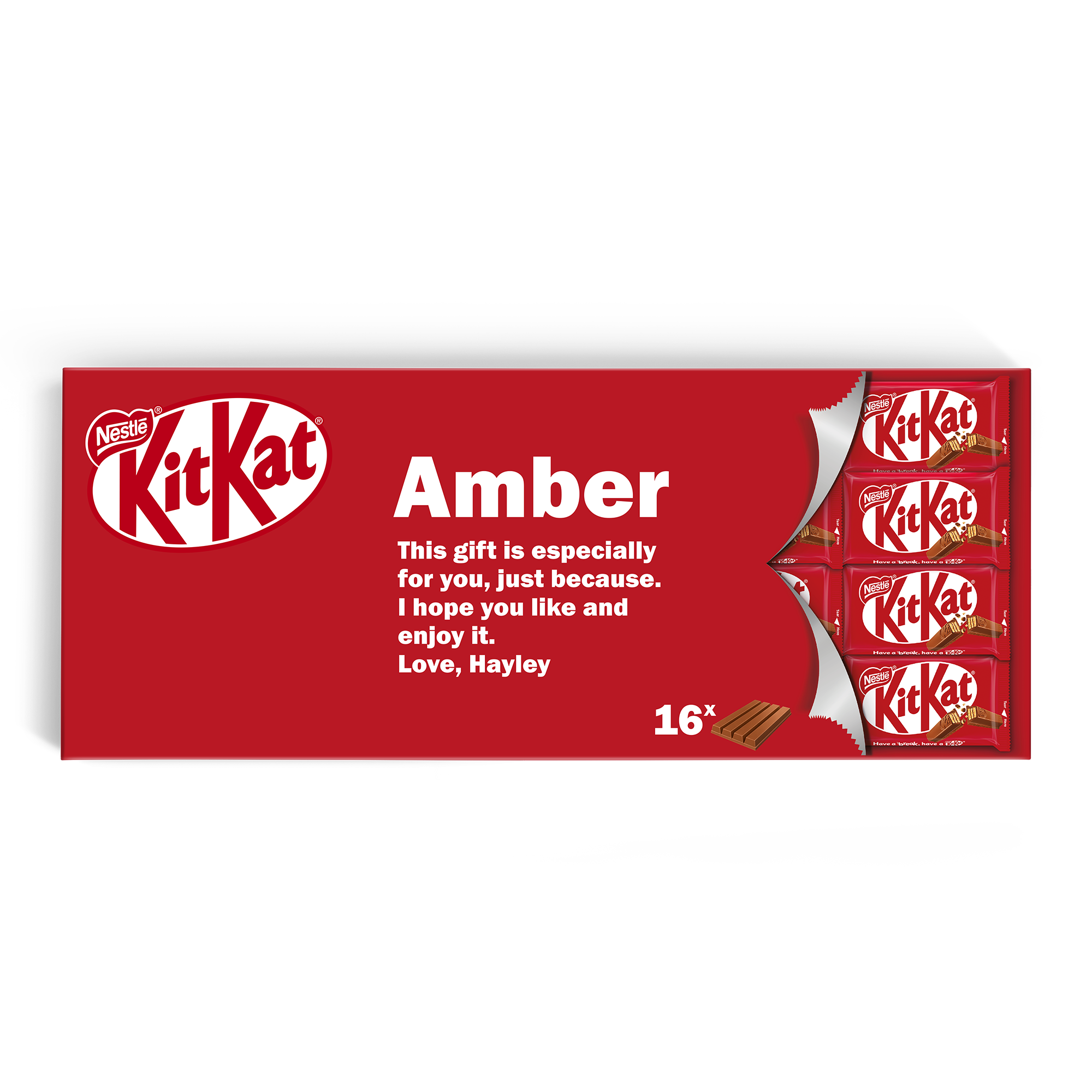 Surpreenda com esta barra de chocolate KitKat XL personalizada com nome Amber e mensagem Love, Hayley