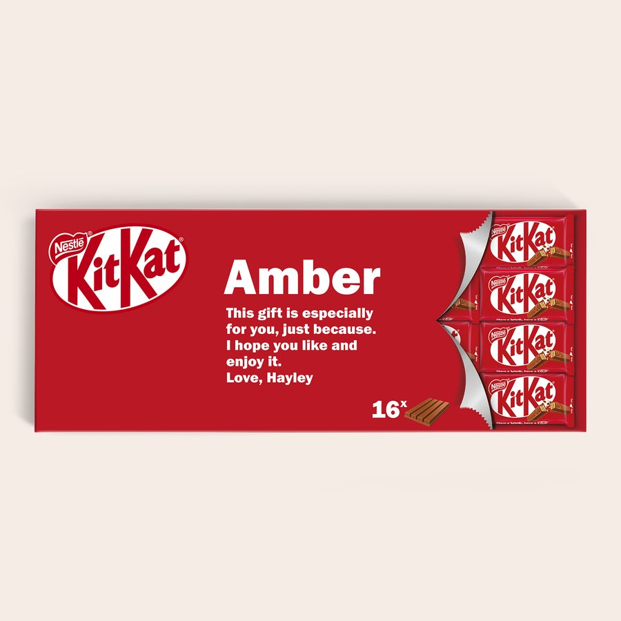 Personalizovaná čokoláda KitKat XL XL čokoládová tyčinka KitKat s 16 baleními, personalizovaná jménem Amber a vzkazem na obalu.