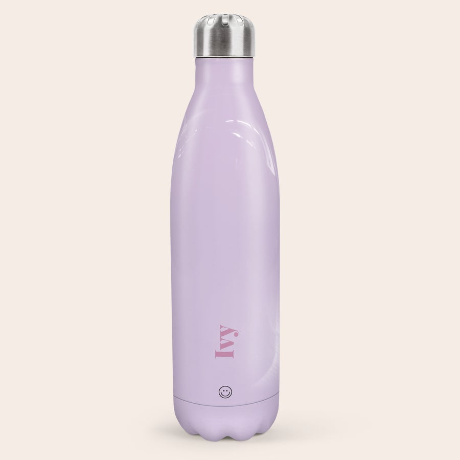 Personalised insulated water bottle Personalised Thermos bottle in light purple with a printed name "Ivy" and a small smiley face