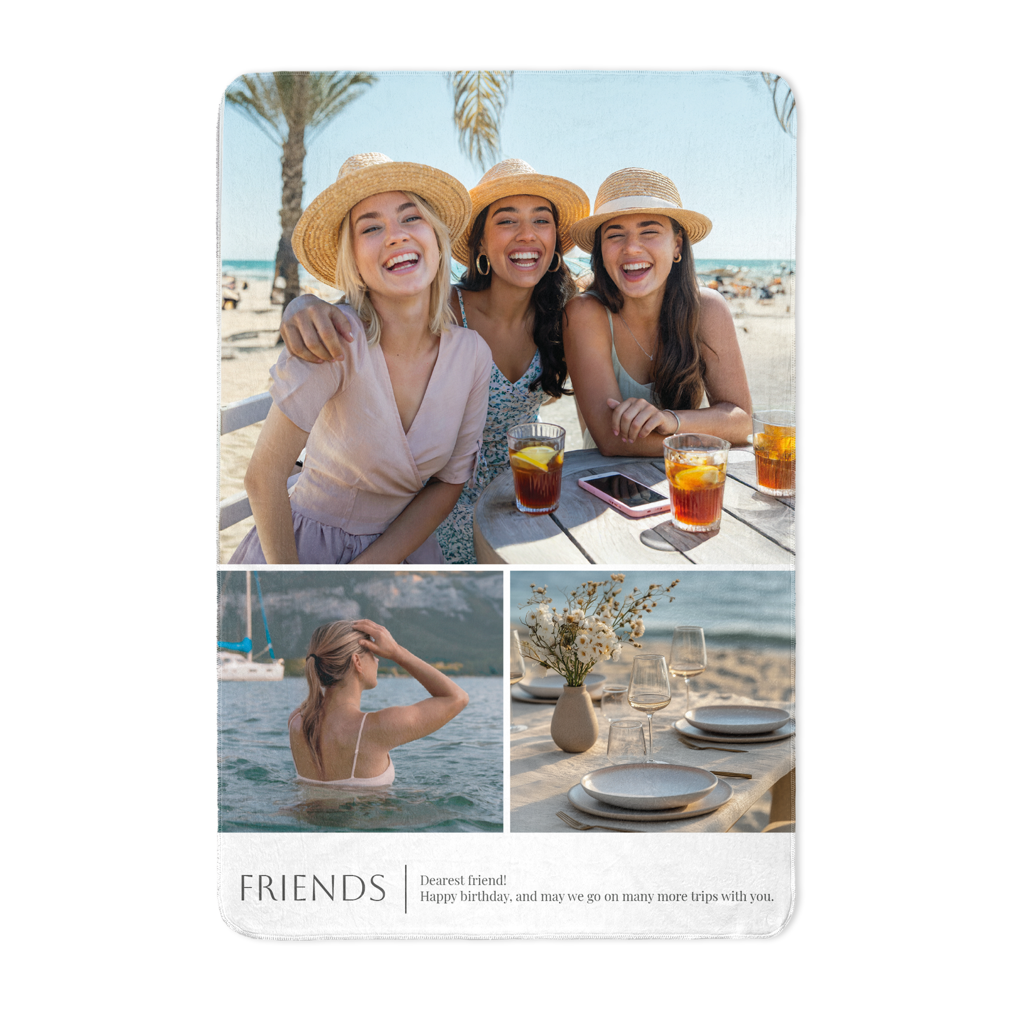 Bedrukte fleecedeken met gepersonaliseerde fotocollage, inclusief tekst 'FRIENDS' en 'Dearest friend! Happy birthday, and may we go on many more trips with you.'