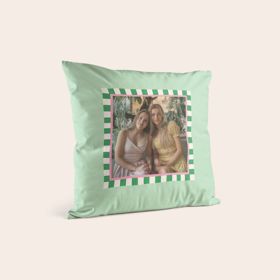 Personalised cushions & cushion cases Mint green personalised cushion printed with a photo of two young women and a green and white checkered border