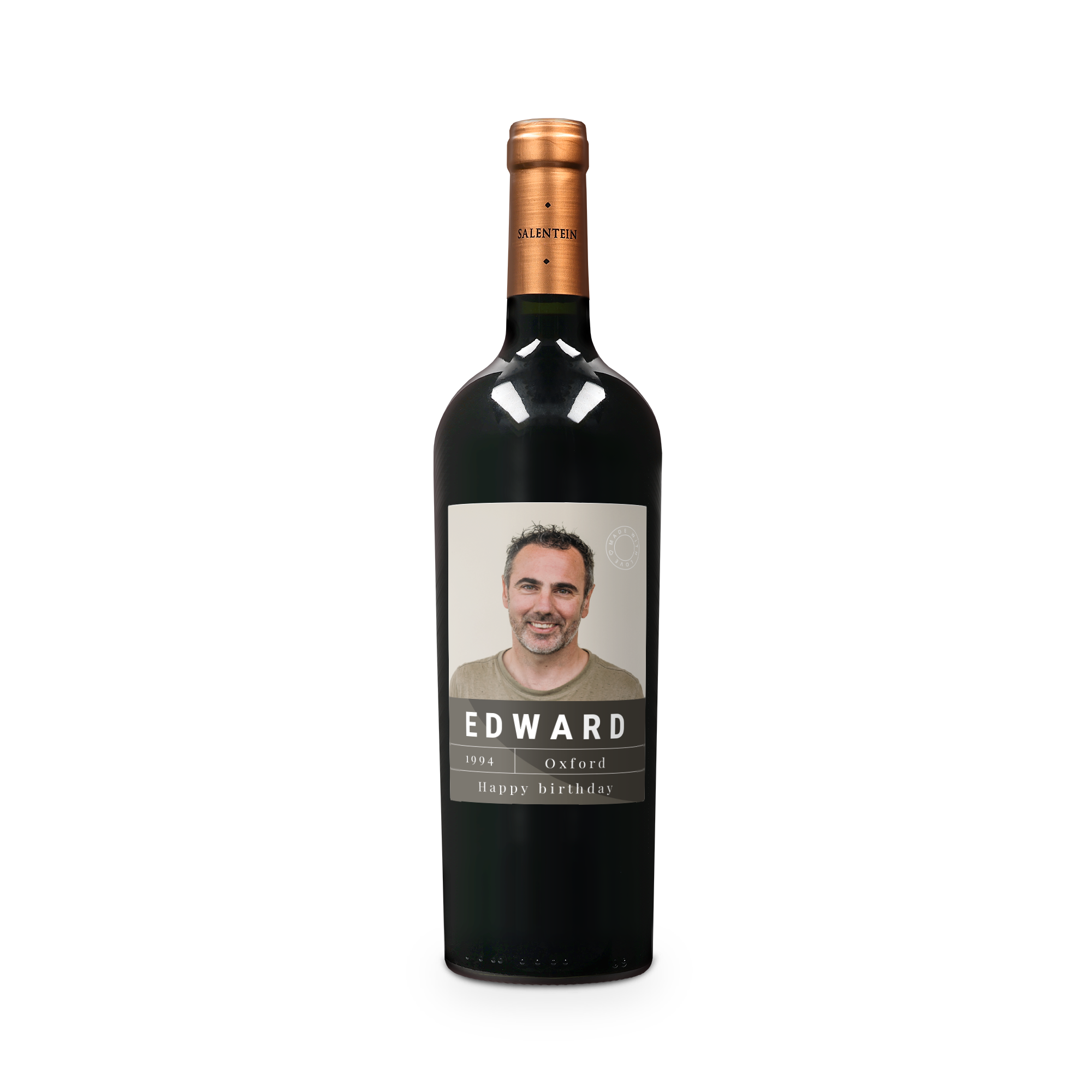 Bottiglia di Salentein Malbec con etichetta personalizzata con foto di un uomo e testo "Edward 1994 Oxford Happy Birthday"