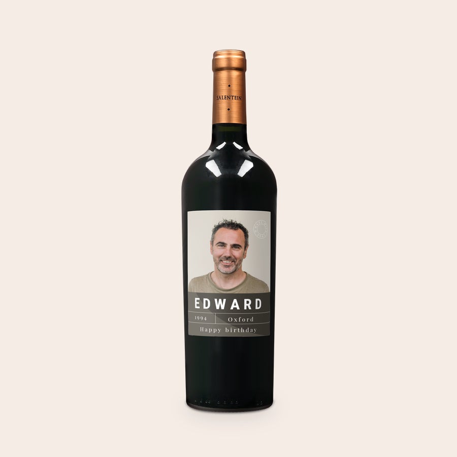 Personlig Salentein Malbec Daj pyszną butelkę malbeca Salentein z etykietą ze zdjęciem mężczyzny i tekstem Edward Happy birthday