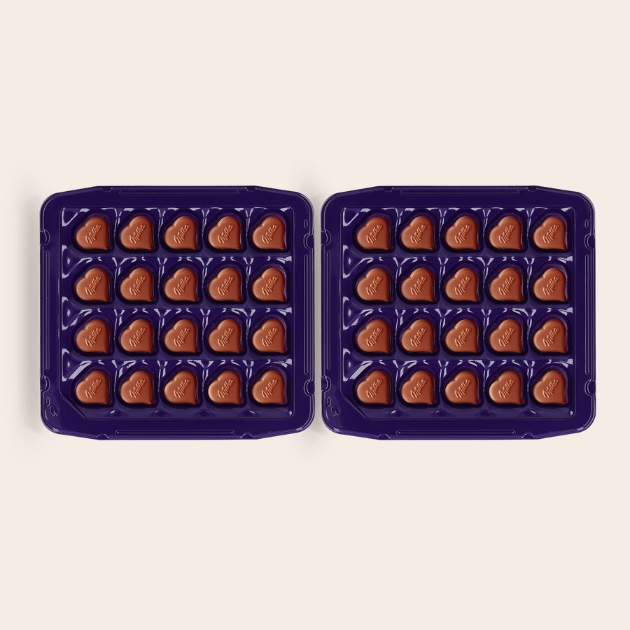 Praline Milka Dragoste Două cutii cadou personalizate Spune-o cu ciocolată Milka, cu praline inimă Milka ambalate individual