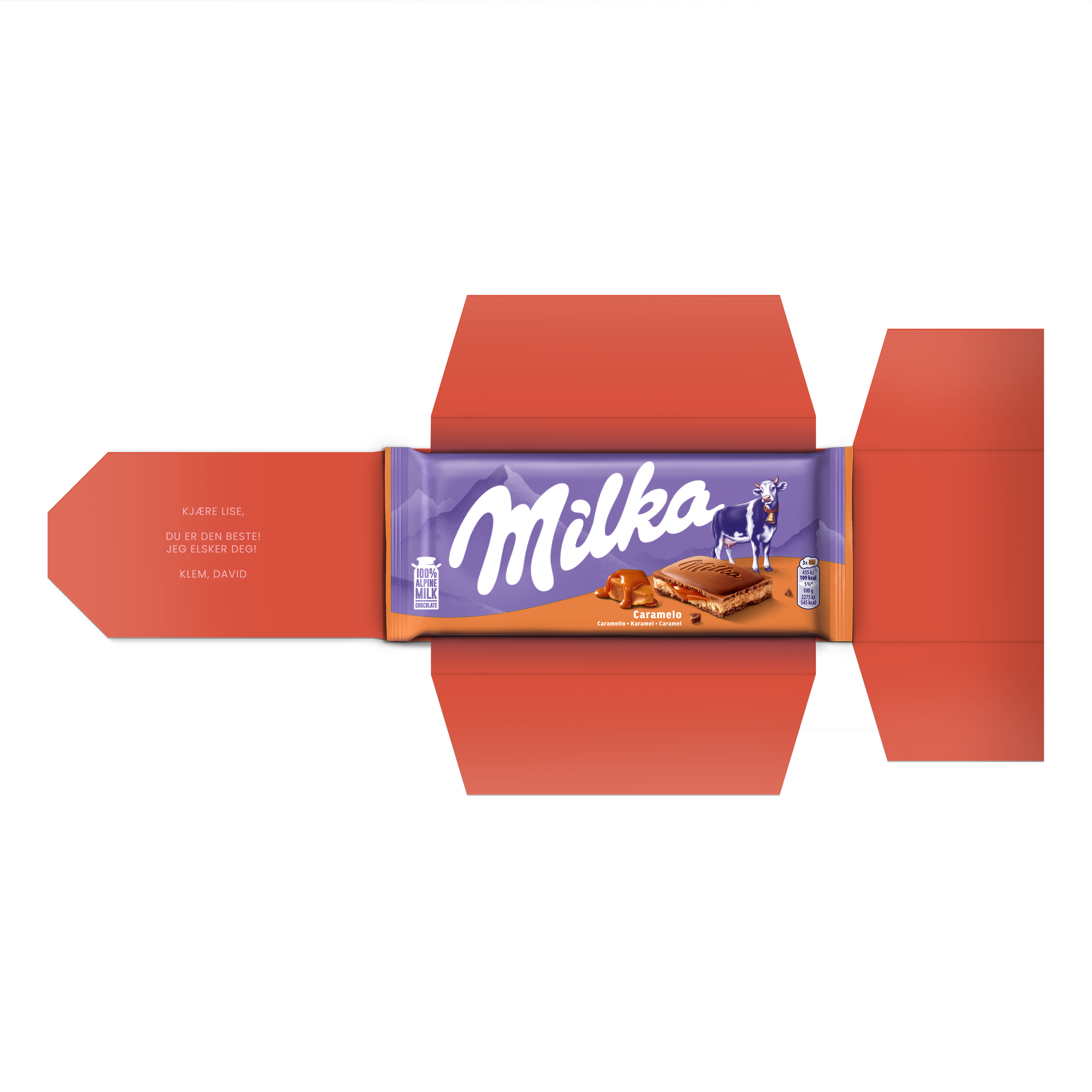 Personlig Milka-bar - Karamell med trykt personlig hilsen og navn på innsiden av gaveesken