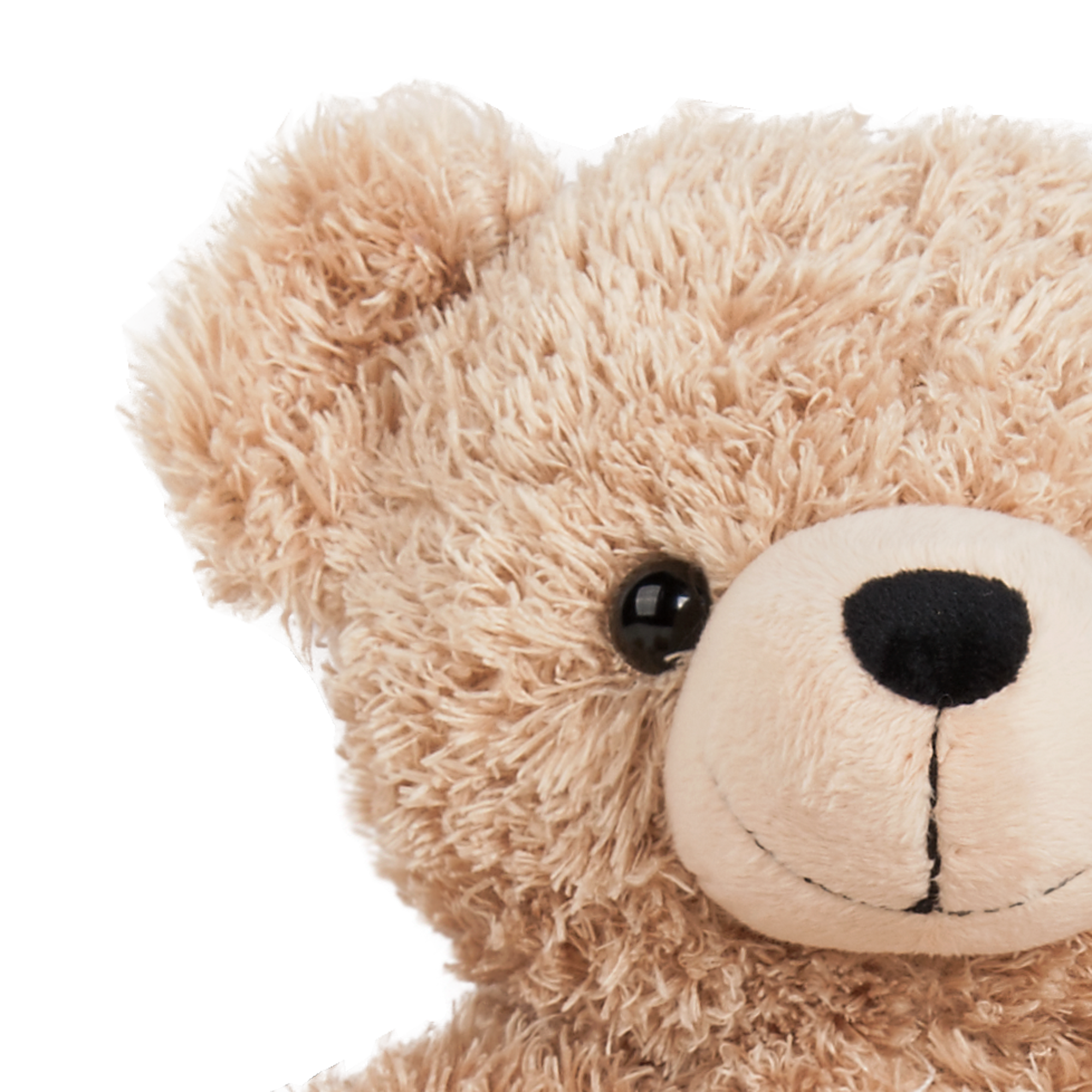 Nahaufnahme eines flauschigen, hellbraunen Teddybär mit schwarzen Augen und Nase, der personalisiert werden kann