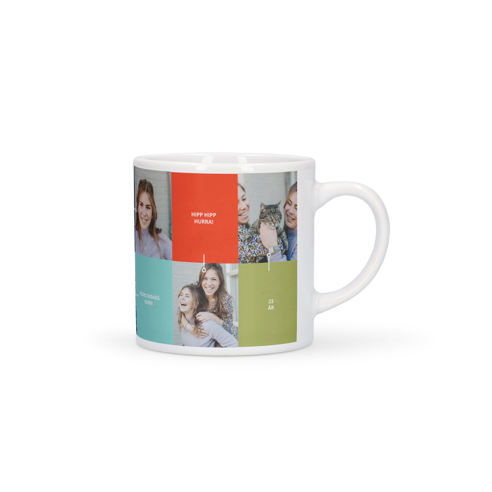 Vit mugg med foto och text i present. Mugg med tryckt design av sex personliga foton och texten "HIPP HIPP HURRA!" och "23 ÅR".