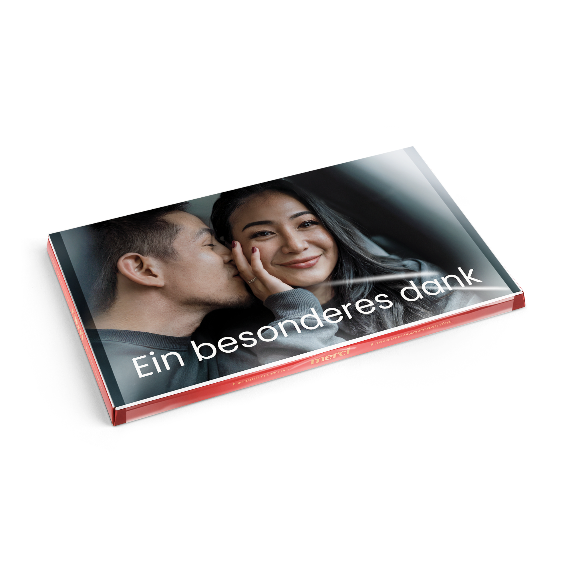 Merci Schokolade mit personalisierter Grußkarte 400 Gramm mit gedrucktem Foto eines Paares und Text 