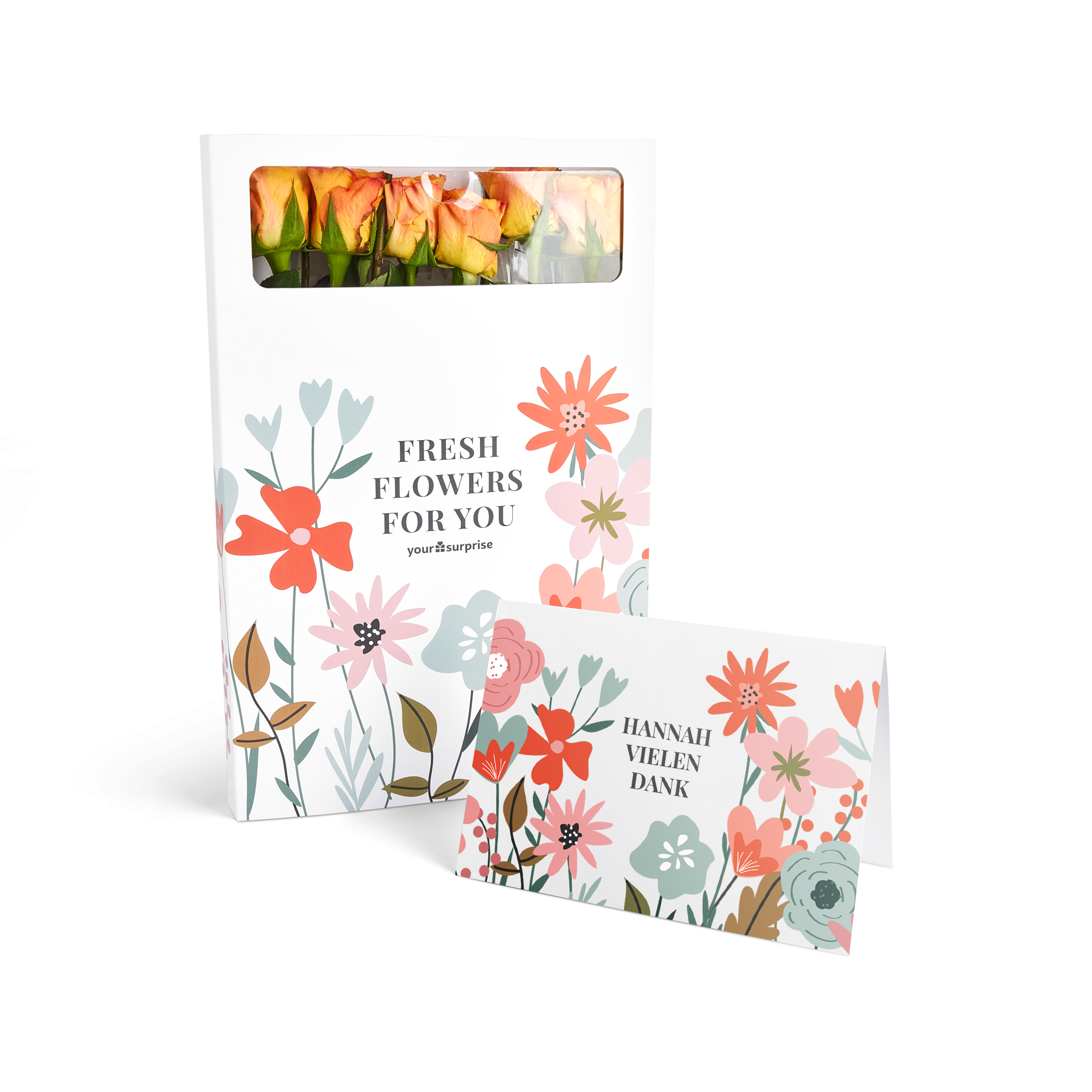 Briefkastenblumen mit orangen Rosen und einer personalisierten Grußkarte mit dem Text Hannah Vielen Dank