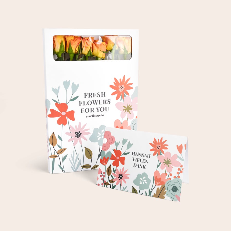Briefkastenrosen Briefkastenblumen mit orangen Rosen und einer personalisierten Grußkarte mit dem Text Hannah Vielen Dank