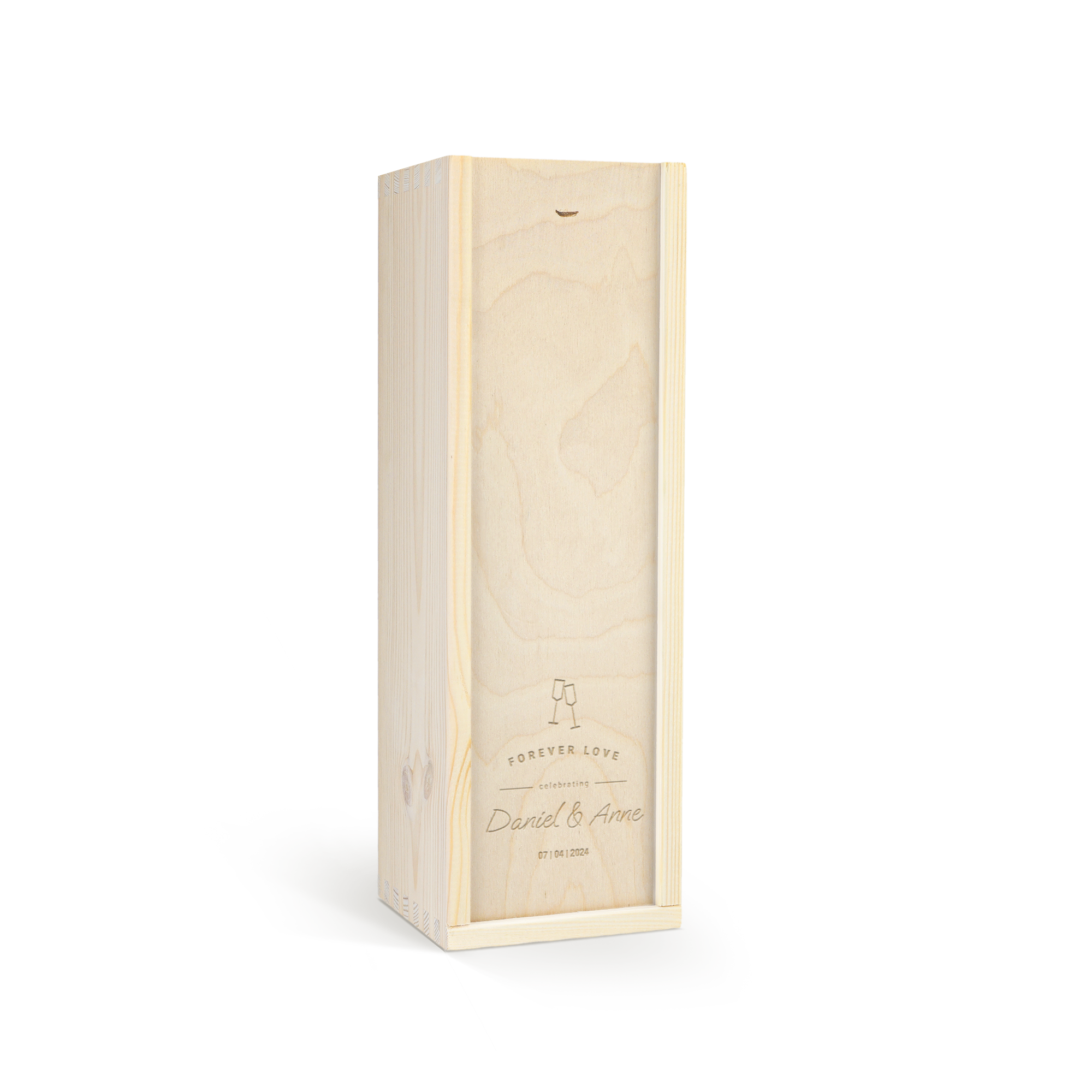 Caja de madera para vino Vintense Blanc Fines Bulles grabada con "Forever Love", los nombres "Daniel & Anne" y la fecha "07 | 04 | 2024" y dos copas de champán.