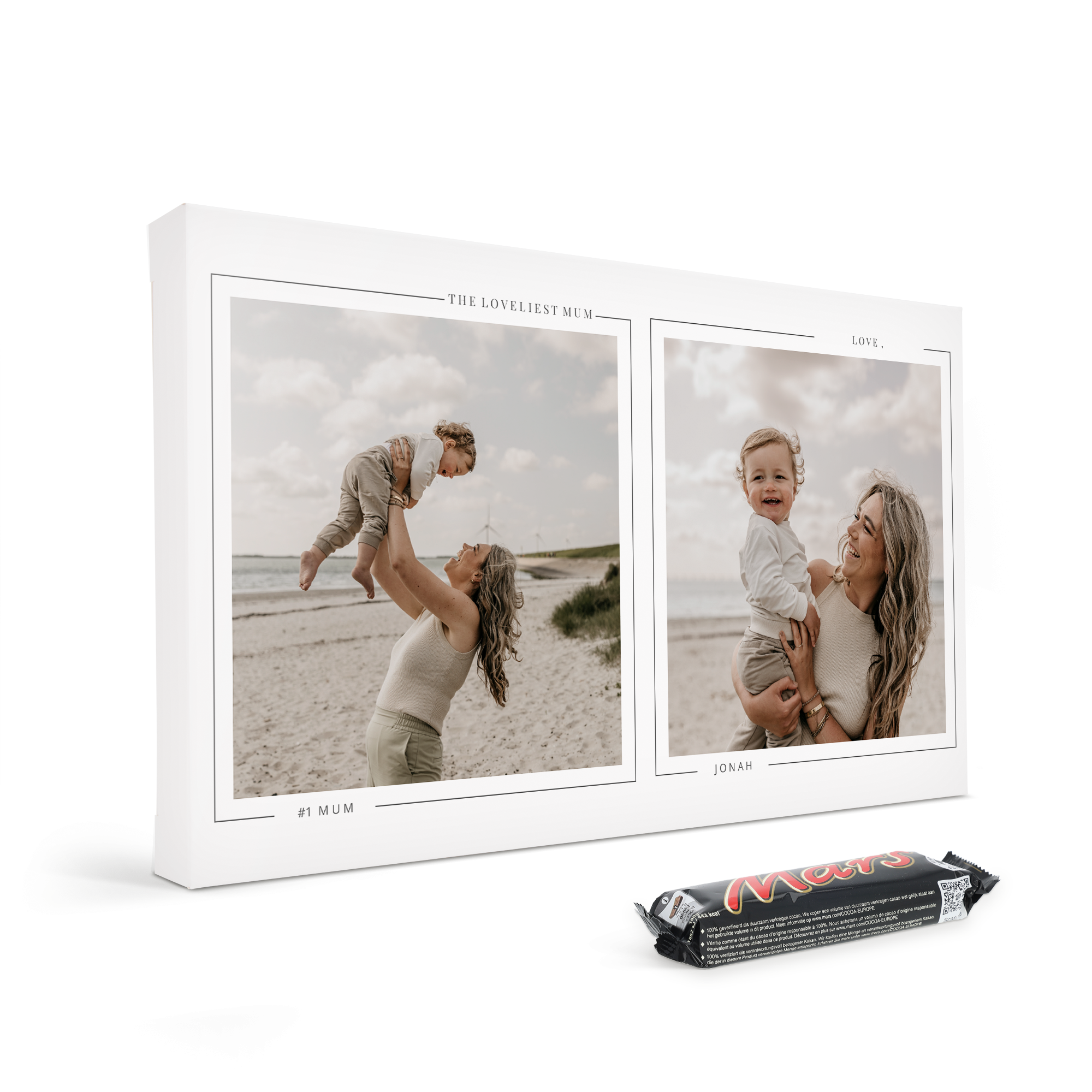 Personalised Mars gift box with two printed photos of a mother and child and the names #1 MUM and JONAH.