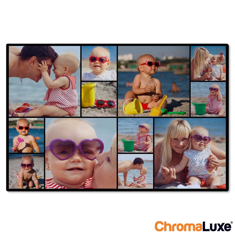 Colagem de fotos do Instagram em alumínio com fotos de bebê e família na praia