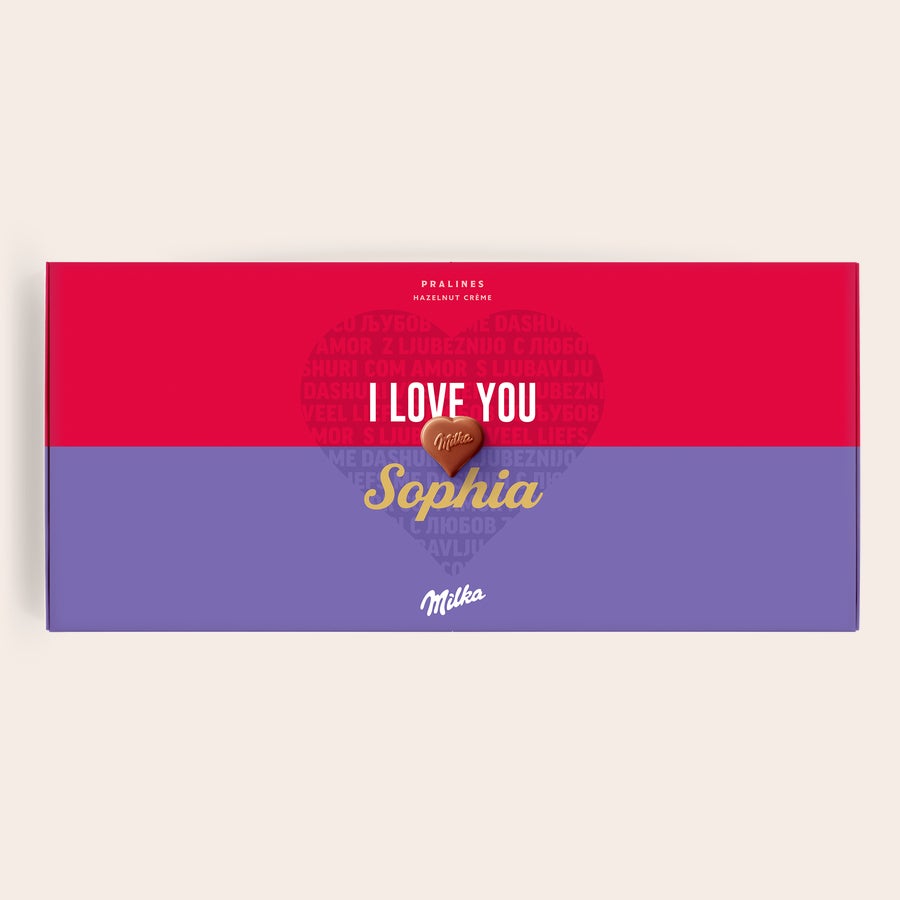 Milka Pralines Love Milka chocolade giftbox met "I Love You" en de naam Sophia, geprint op de verpakking.