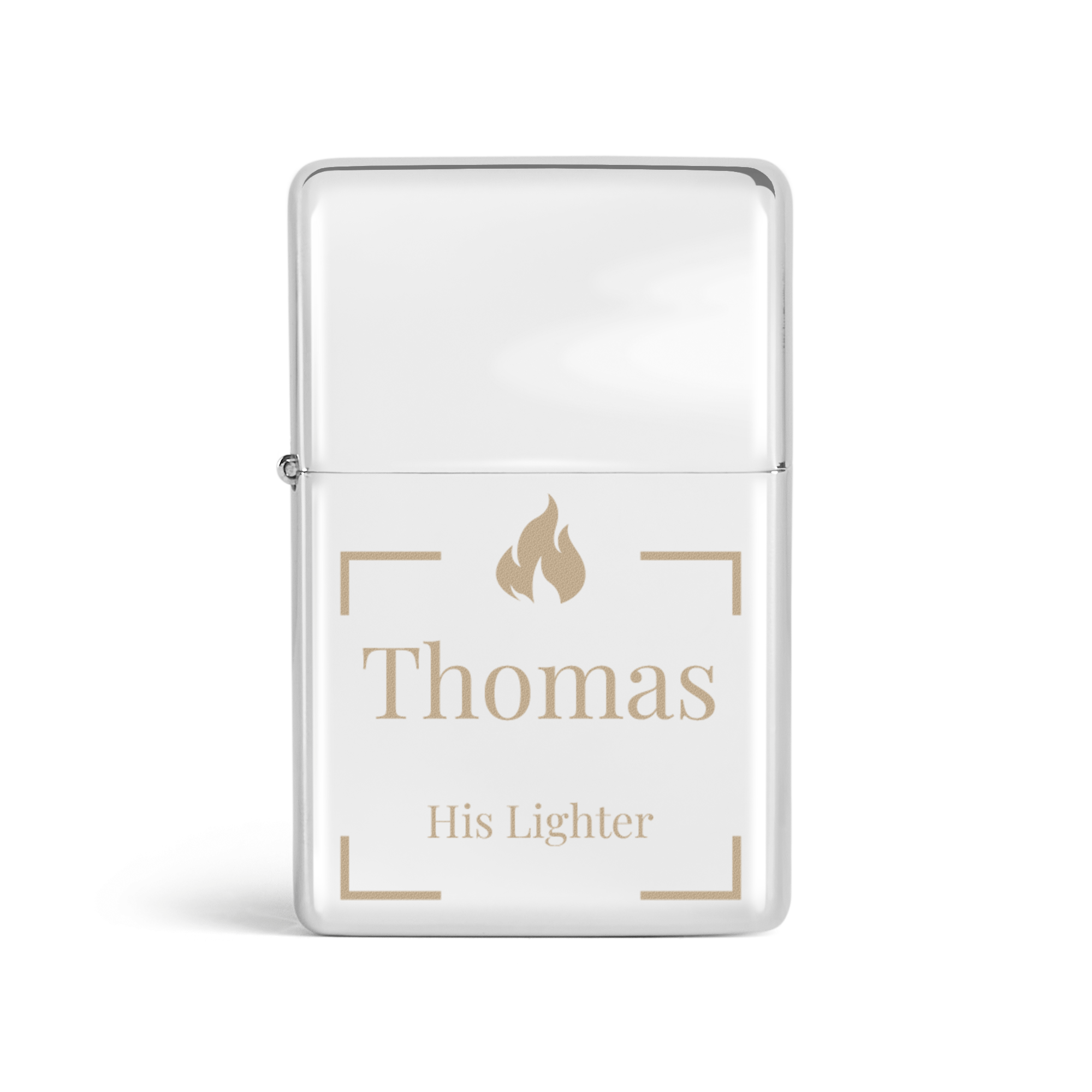 Srebrn vžigalnik z vgraviranim imenom Thomas, plamenom in napisom His Lighter.