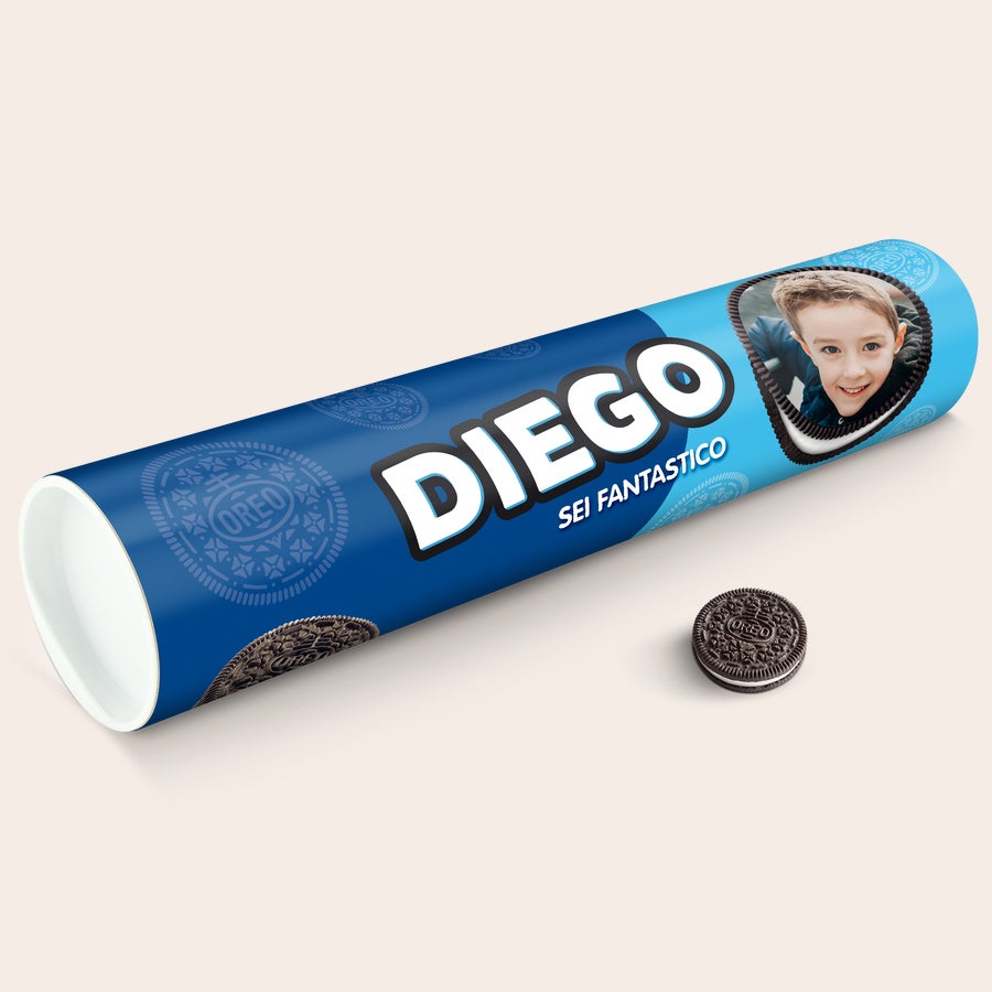 Tubo regalo Oreo XXL personalizzato Tubo regalo Mega Oreo personalizzato con foto, nome Diego e scritta Sei fantastico per intenditori di biscotti