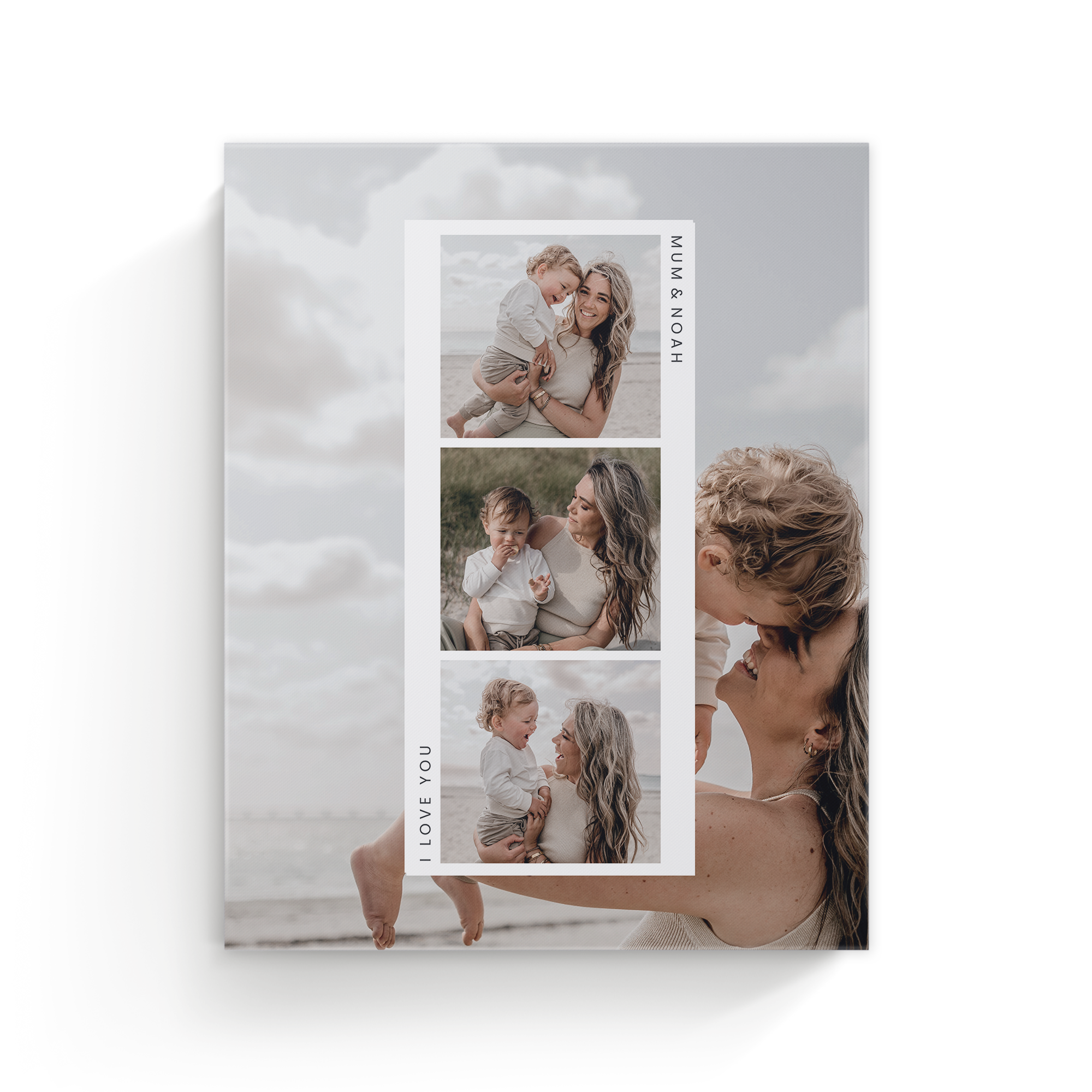 Henkilökohtainen canvas-taulu kolmella painetulla kuvalla äidistä ja lapsesta ja tekstillä Mum & Noah sekä I Love You
