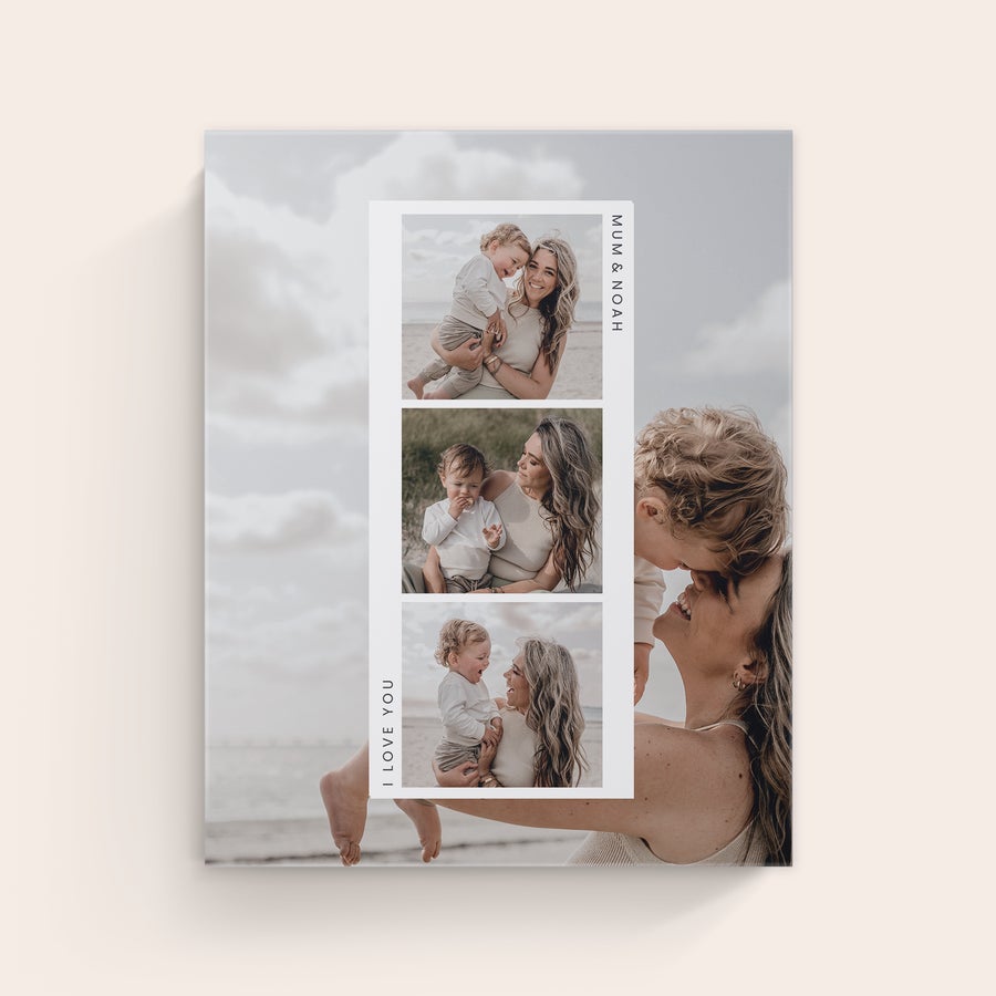 Pânză personalizată Pânză personalizată cu fotografiile preferate, imprimată cu textul "MUM & NOAH" și "I LOVE YOU".