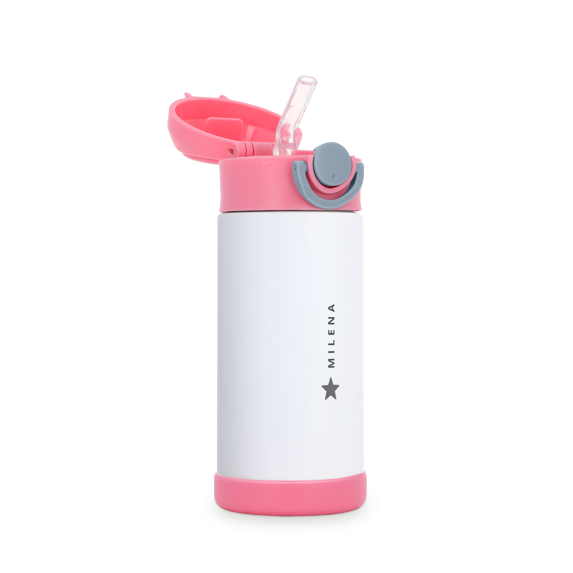 Hvit spesialtilpasset vannflaske i rustfritt stål til barn med rosa detaljer, gravert med navnet "MILENA" og en stjerne.