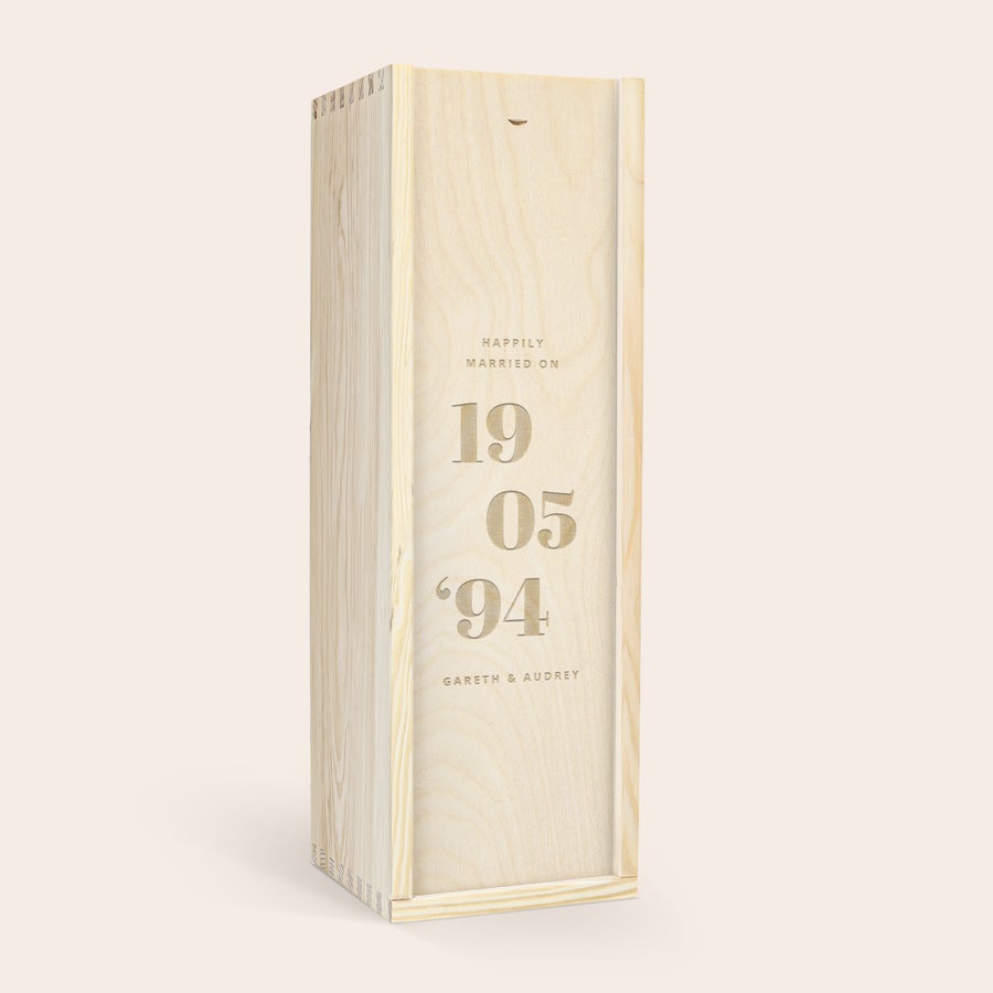 Personalised Whiskey Gift - The Balvenie - Wooden Case Engraved wooden case for The Balvenie whisky, personalized with names and a wedding date.