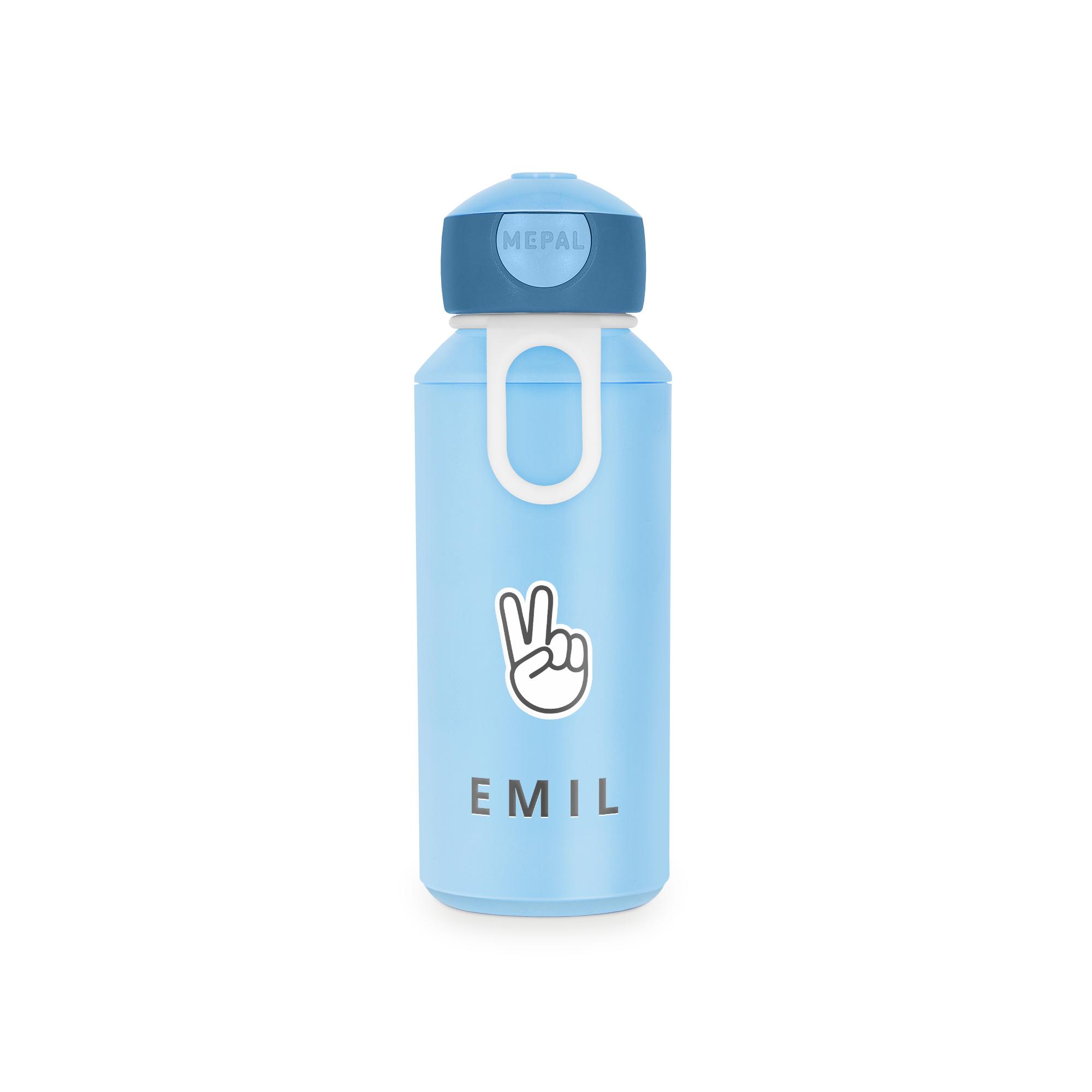 Helleblaue Mepal Campus Trinkflasche mit schwarzem Aufdruck EMIL und Friedenszeichen. Ihr Name auf der Flasche, die sie überallhin begleitet.