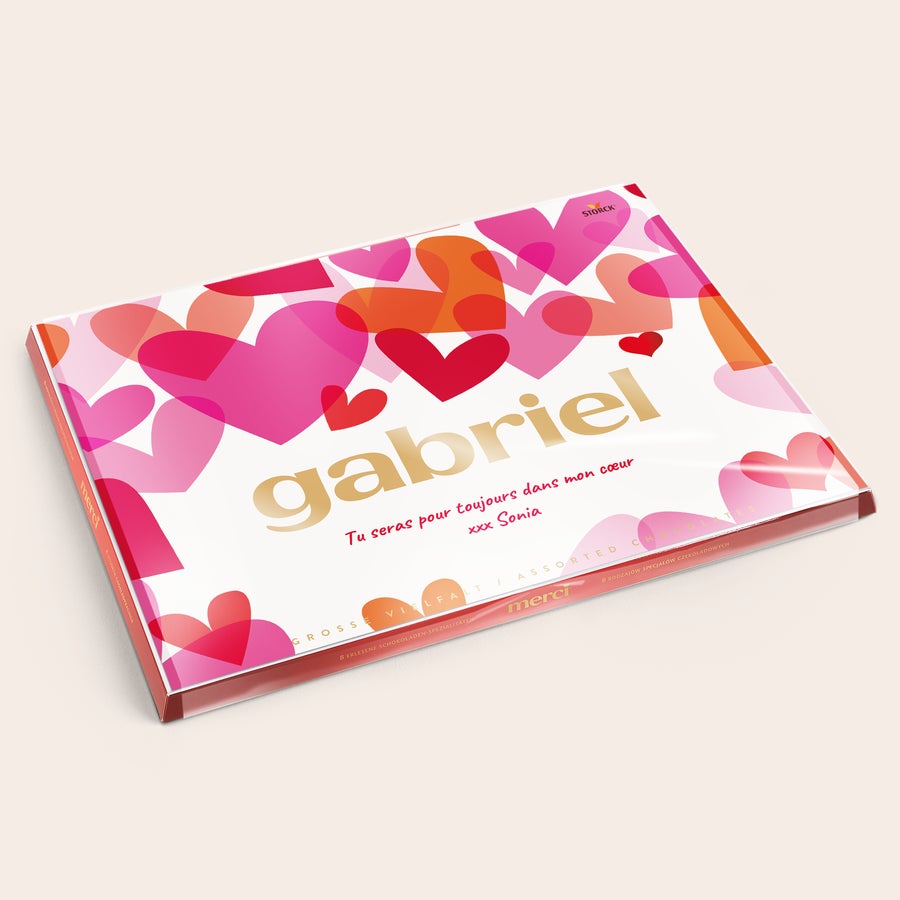 Chocolat Merci Finest Selection avec carte de vœux Mélange de chocolats Merci Finest Selection avec carte personnalisée - 675 grammes, nommée Gabriel avec un message imprimé
