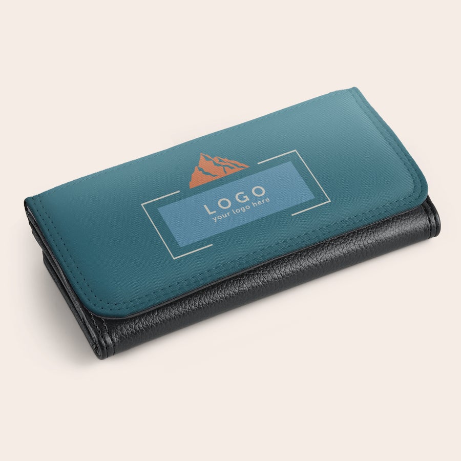Wallet Large personalized purse with an example logo design printed on the flap. Customize with your own image or text.
