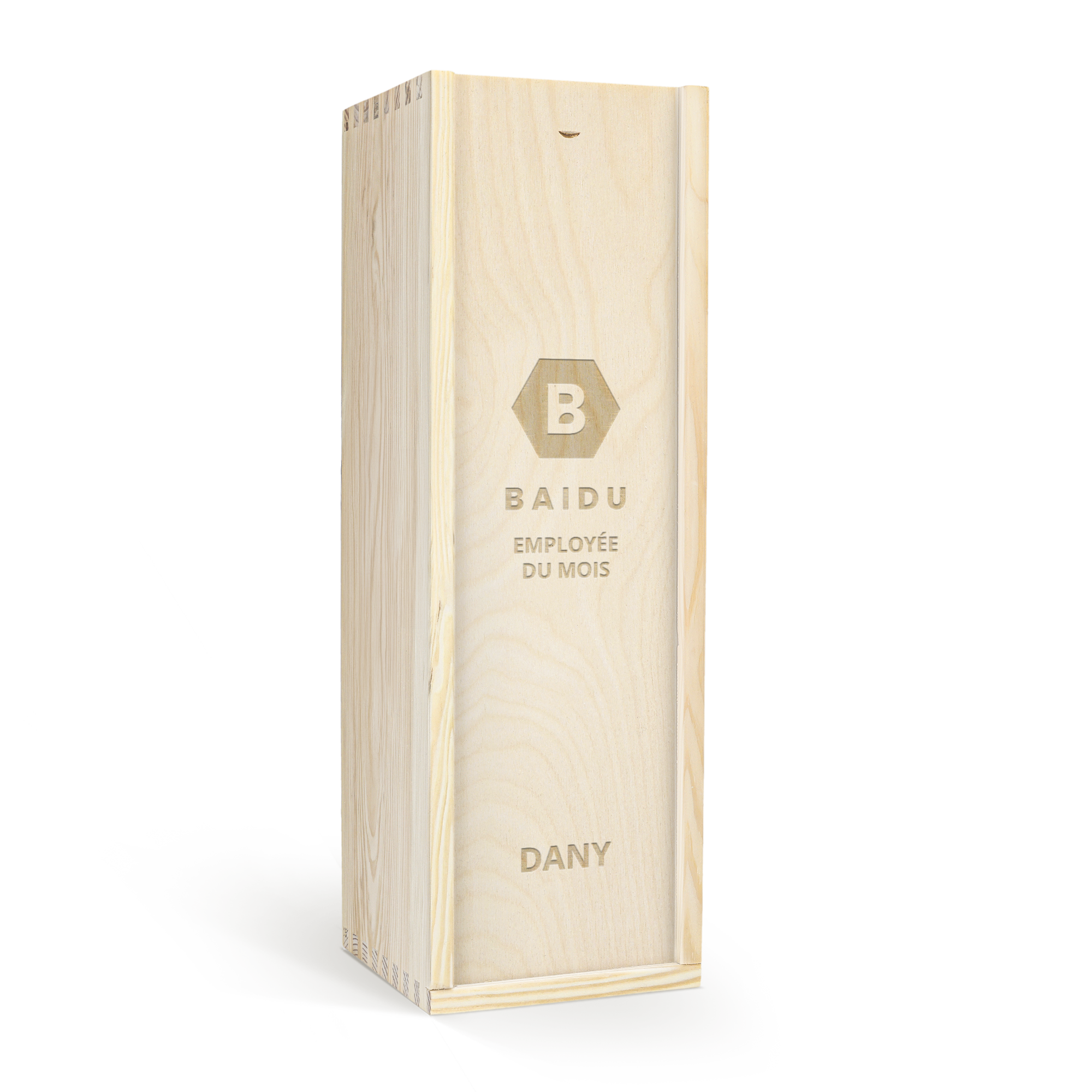 Bouteille de whisky dans un coffret gravé en bois clair avec texte BAIDU EMPLOYÉE DU MOIS et prénom DANY.