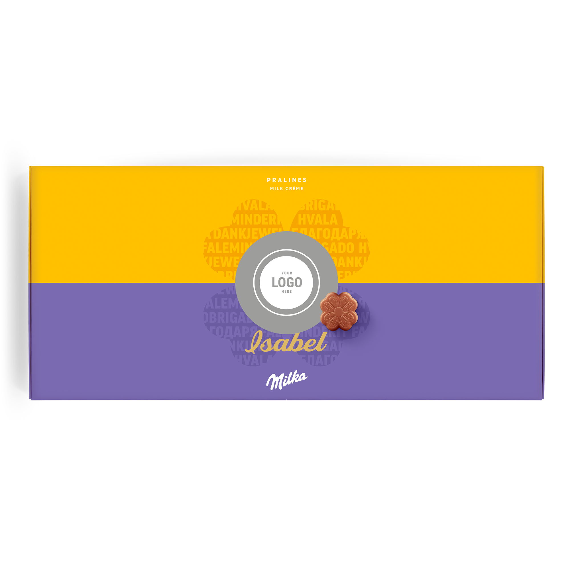 Personalizovaná Milka bonboniéra s lahodnými čokoládami v tvare kvetiniek, potlačená menom Isabel a logom.