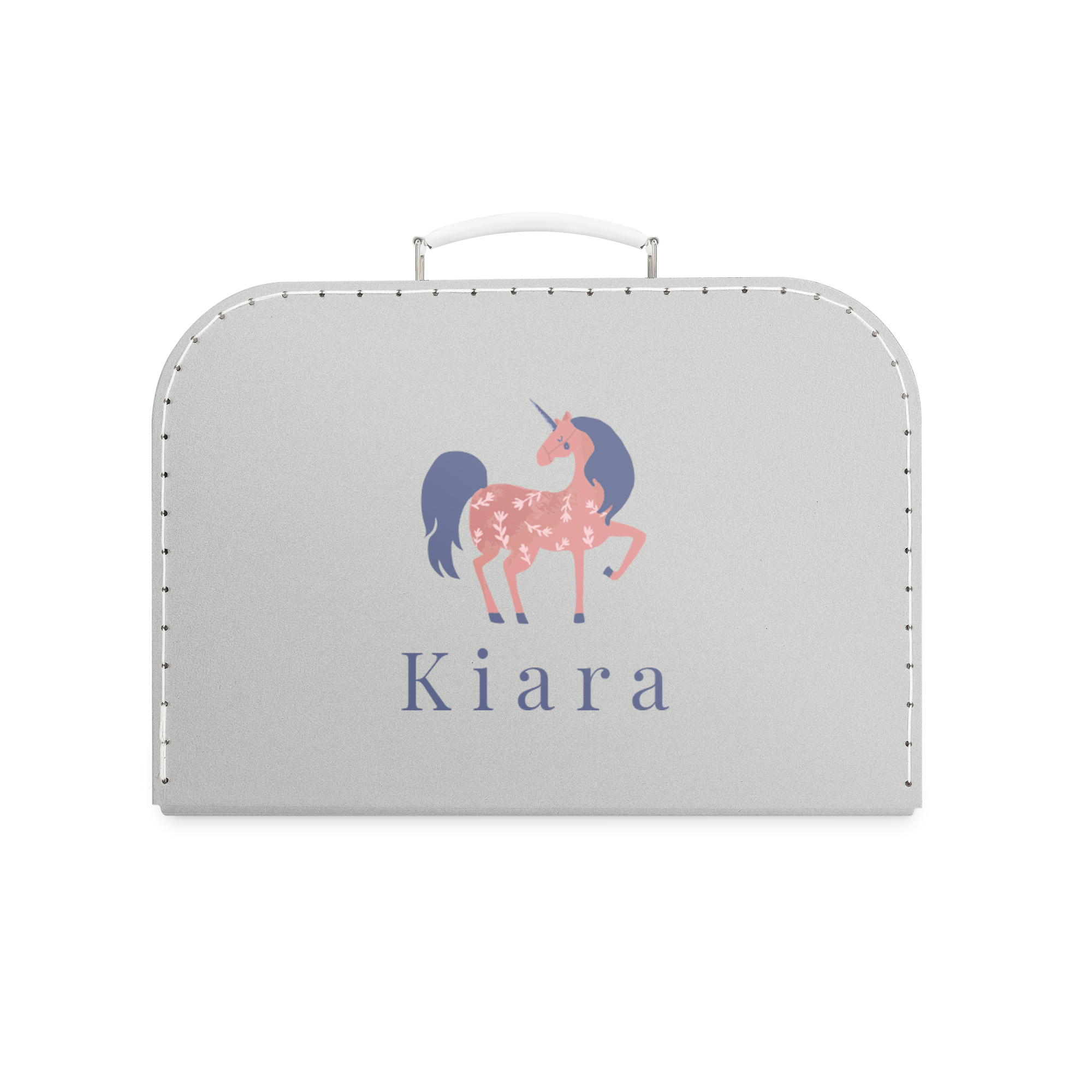 Graues Kinderköfferchen mit Einhorn-Design und aufgedrucktem Namen Kiara