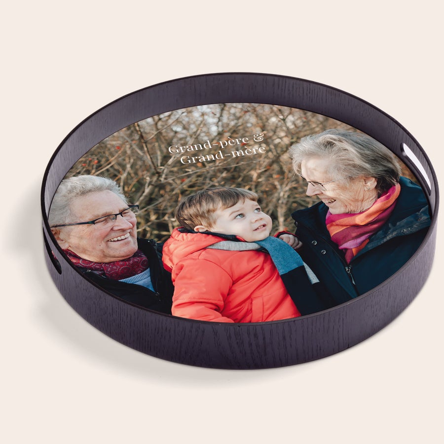 Plateau rond personnalisé Plateau rond personnalisé imprimé avec photo d'un enfant et de ses grands-parents, texte Grand-père & Grand-mère