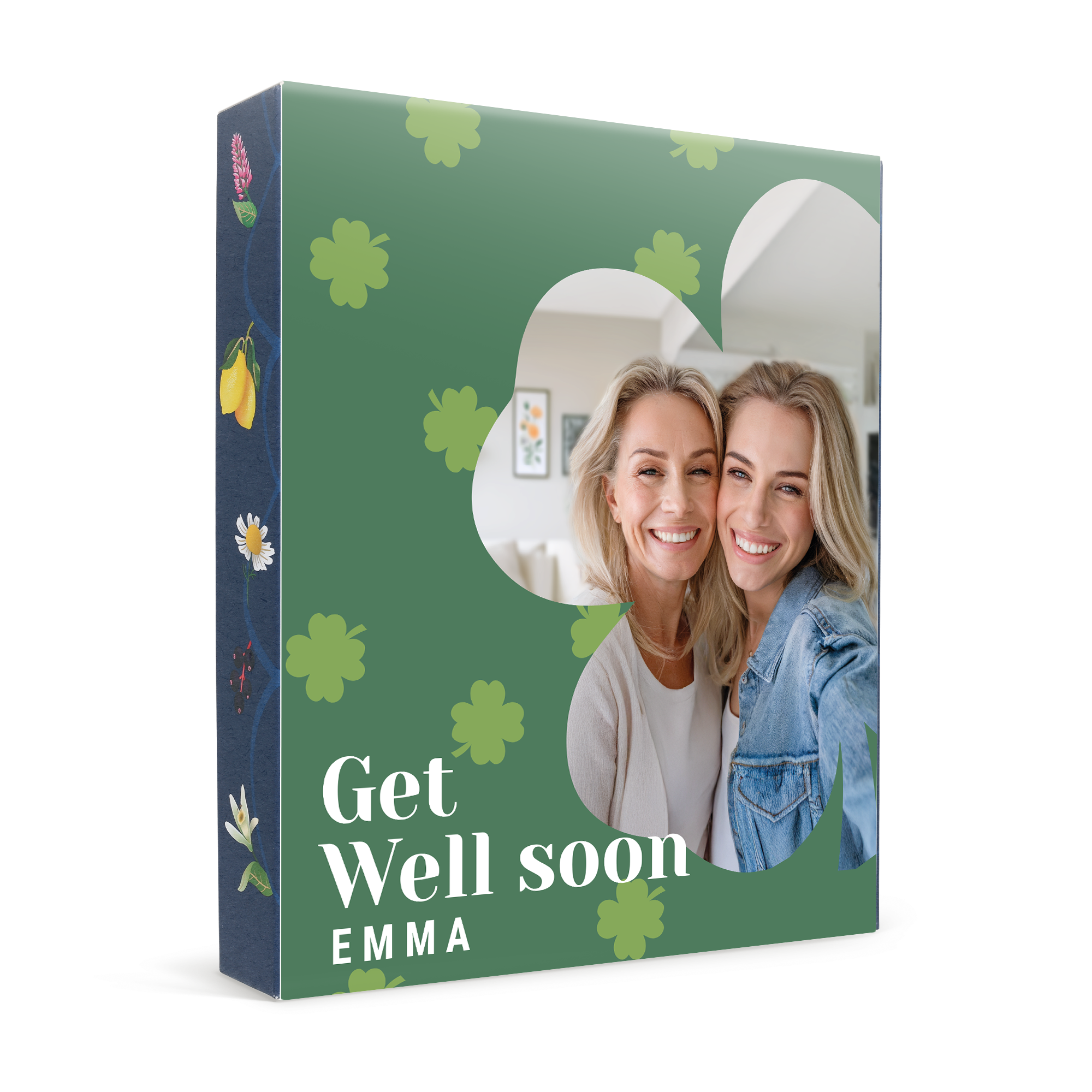 Personalized tea box, printed with a photo of two smiling women, shamrock pattern, "Get Well soon EMMA" text. Their Personal Tea Sanctuary Awaits