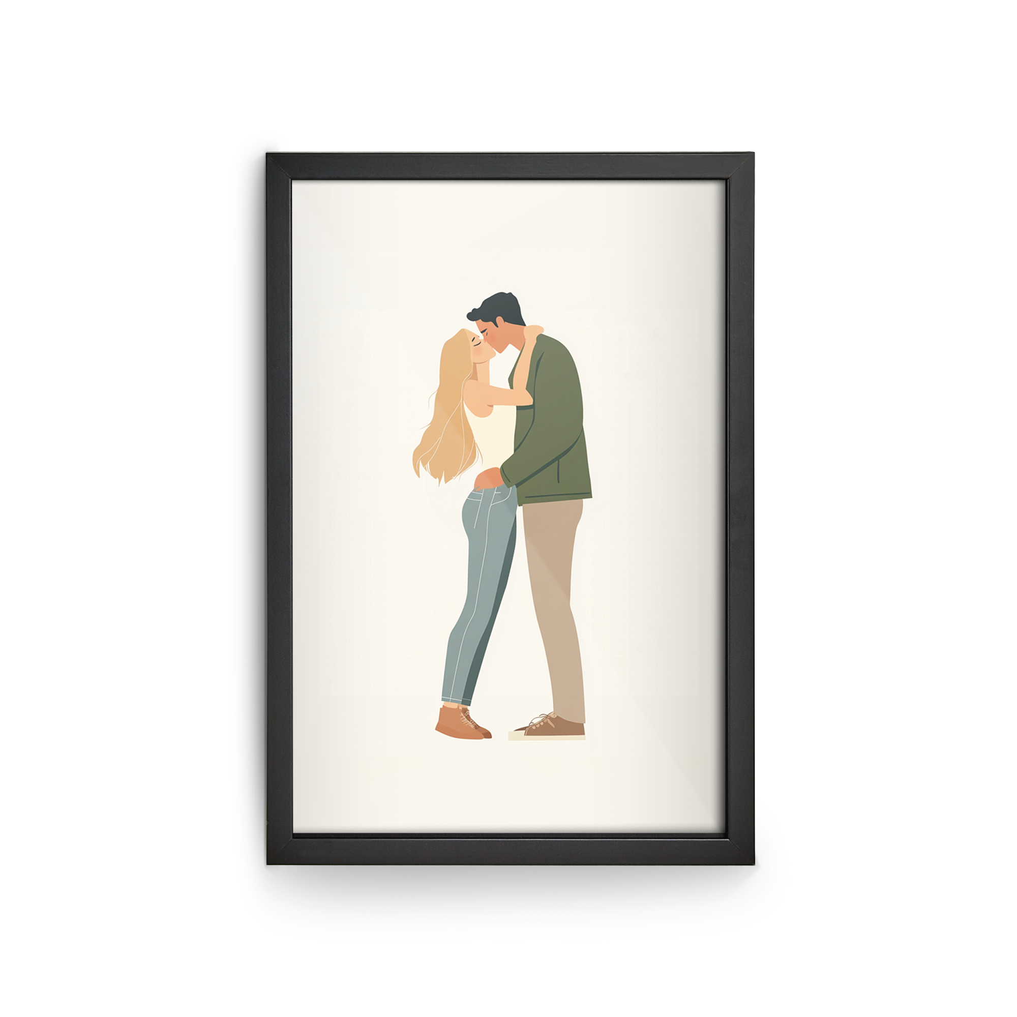 Ein Foto mit Rahmen, bedruckt mit einer Illustration eines sich küssenden Paares, umarmt