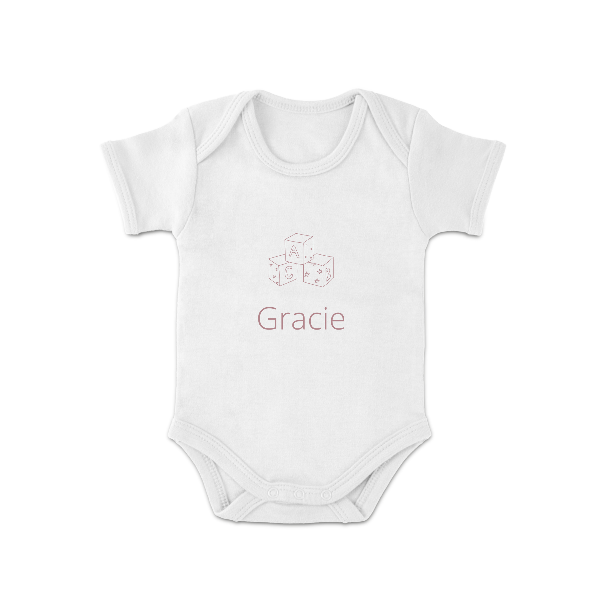 Beli kombinezon s potiskom otroških kock in imenom Gracie, presenetite novopečene starše.