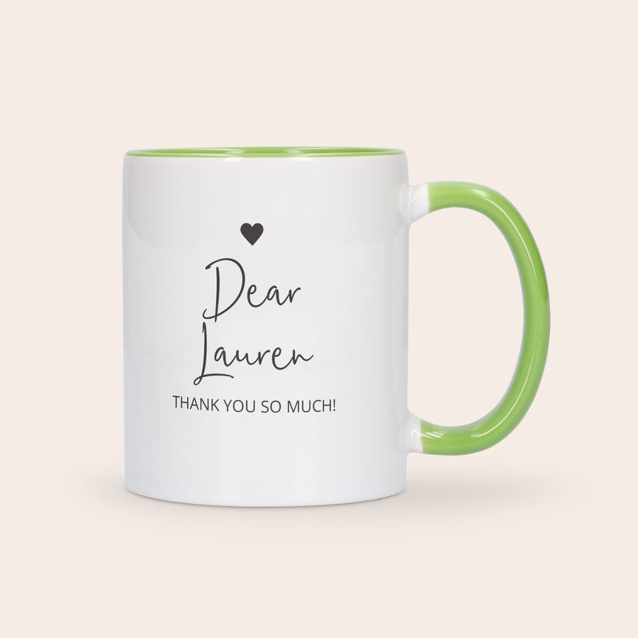Fénykép bögre Zöld belsejű és fülű színes bögre nyomtatott "Dear Lauren, Thank You So Much!" felirattal