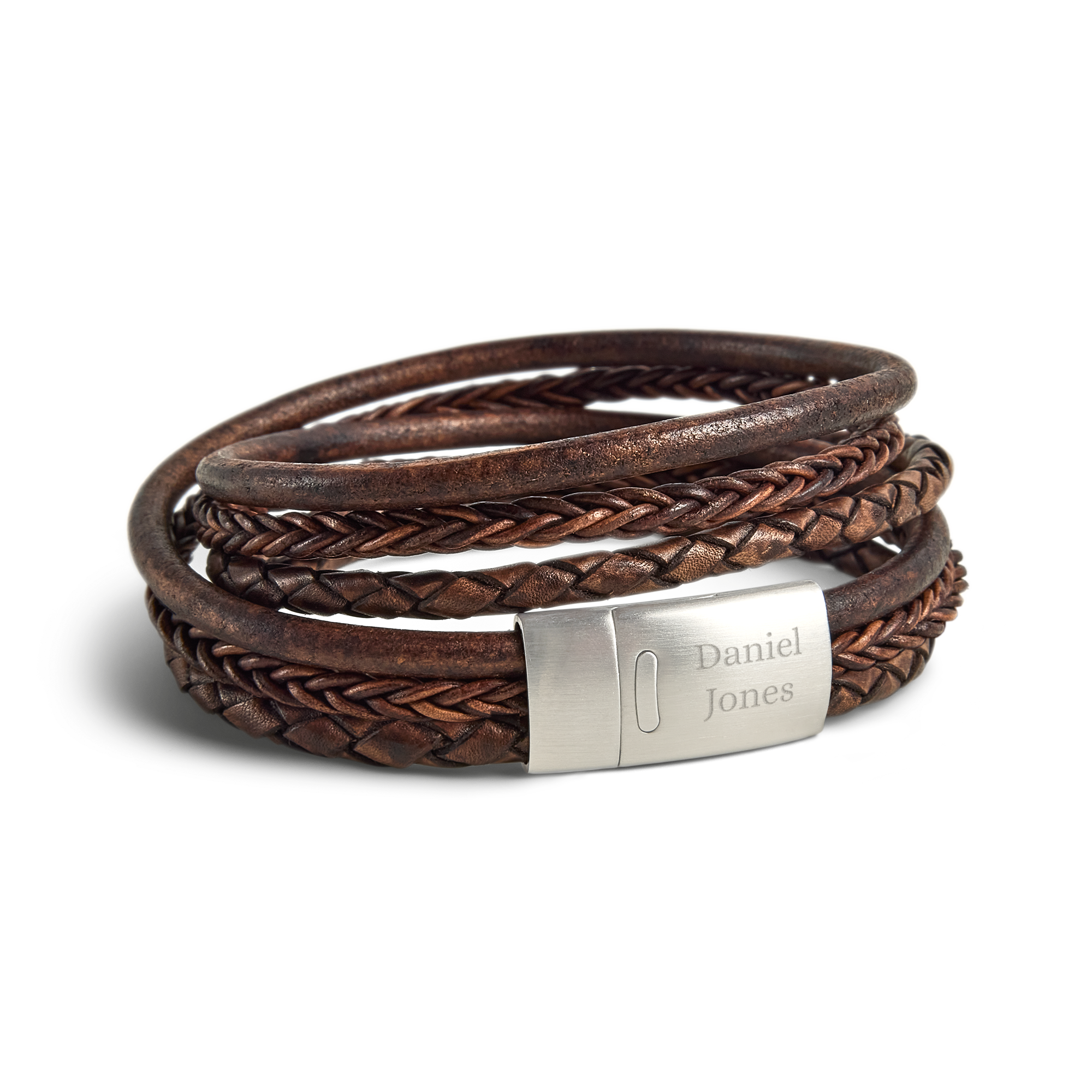 Brown braided leather bracelet for men with engraved name Daniel Jones on the silver clasp