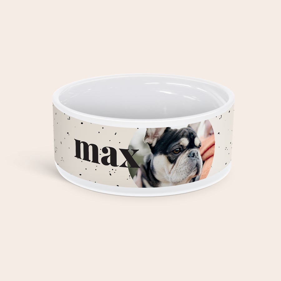 Personalised pet food bowl Personalized ceramic pet food bowl printed with a French bulldog photo and the name Max to make mealtime special