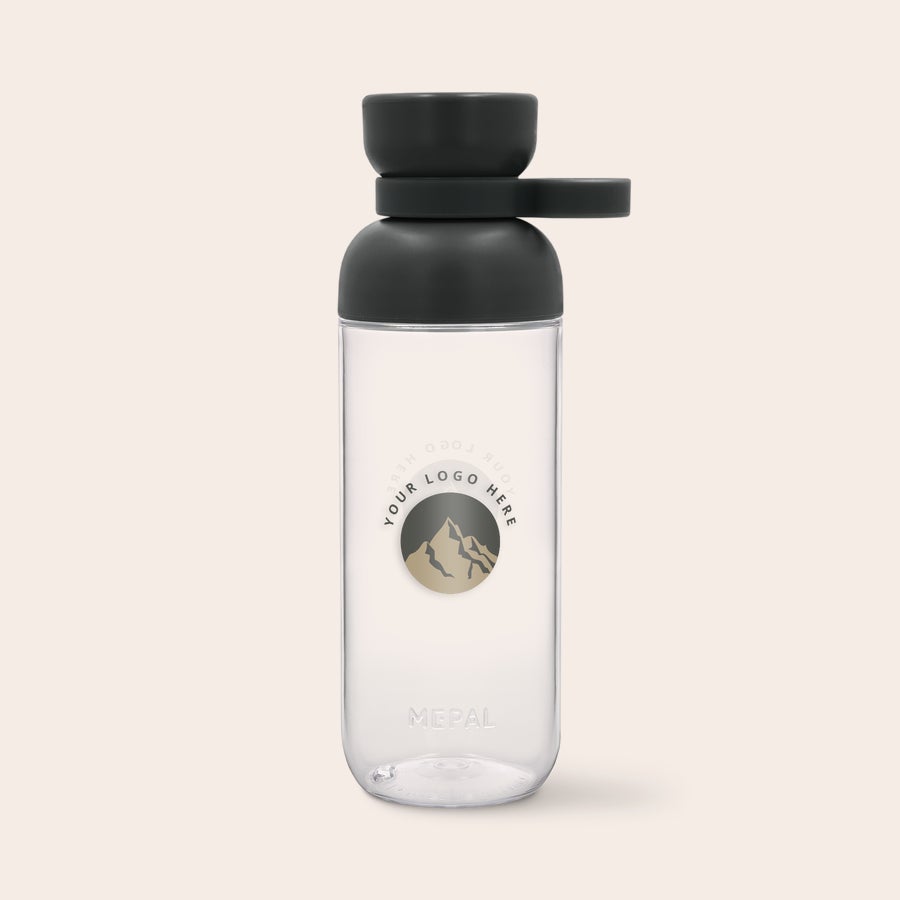 Botellas Mepal Vita Botella de agua Mepal transparente con tapa negra, personalizable con tu logo o foto.