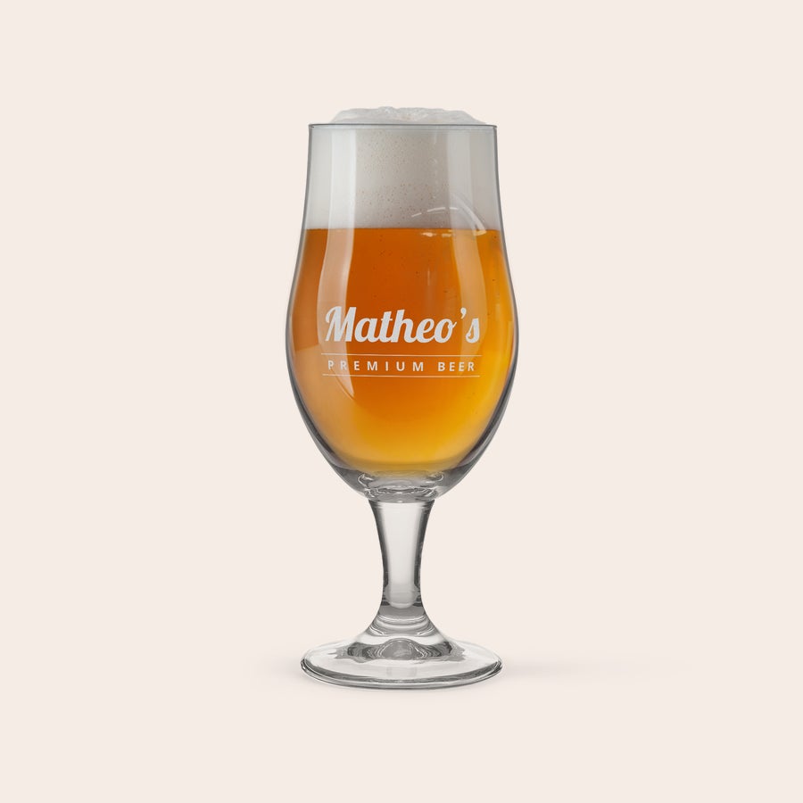 Calice da Birra Personalizzato Calice da birra tulipano con schiuma, inciso con il nome "Matheo's Premium Beer", perfetto per un amante della birra