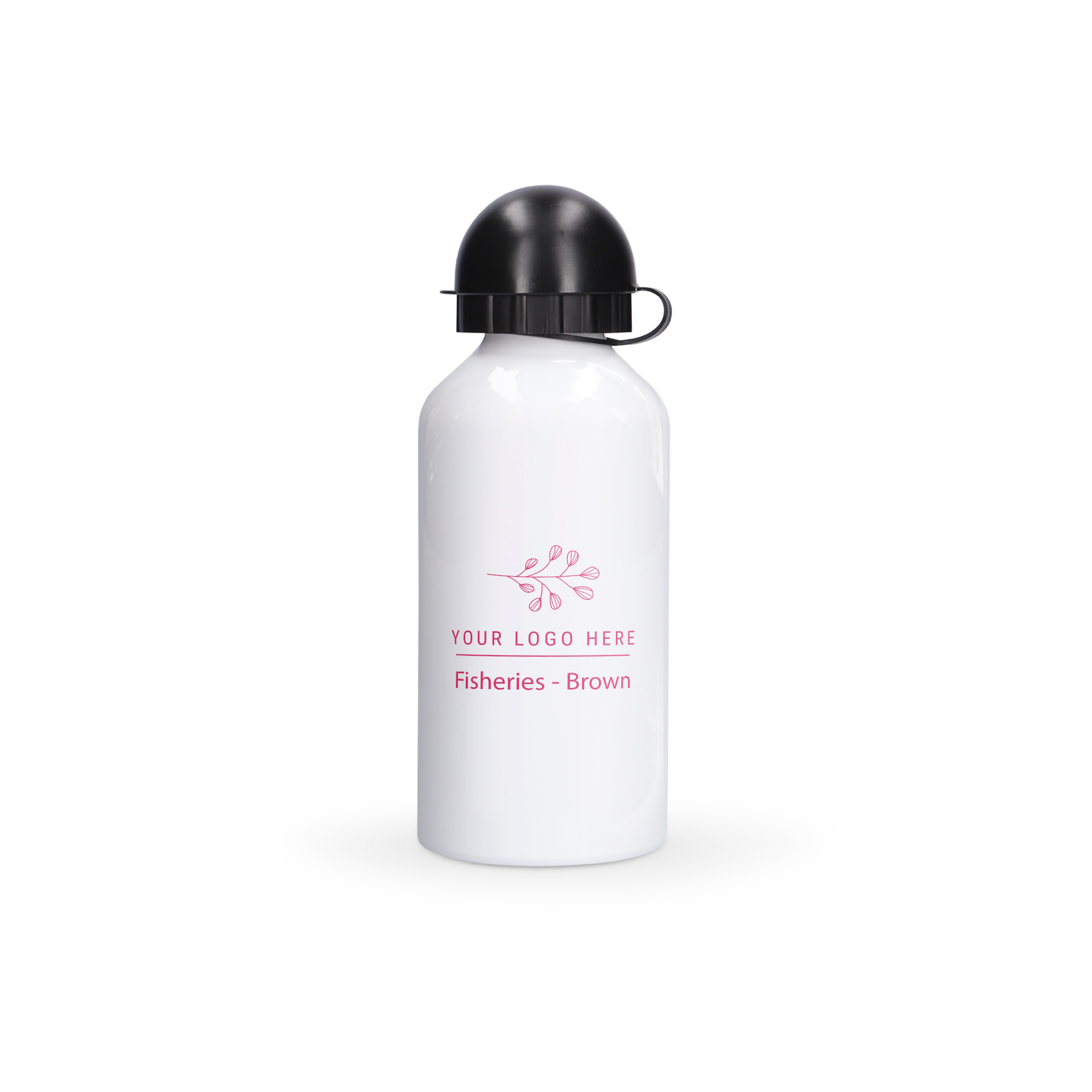 White aluminum water bottle personalized with a logo and the text Fisheries - Brown printed in red
