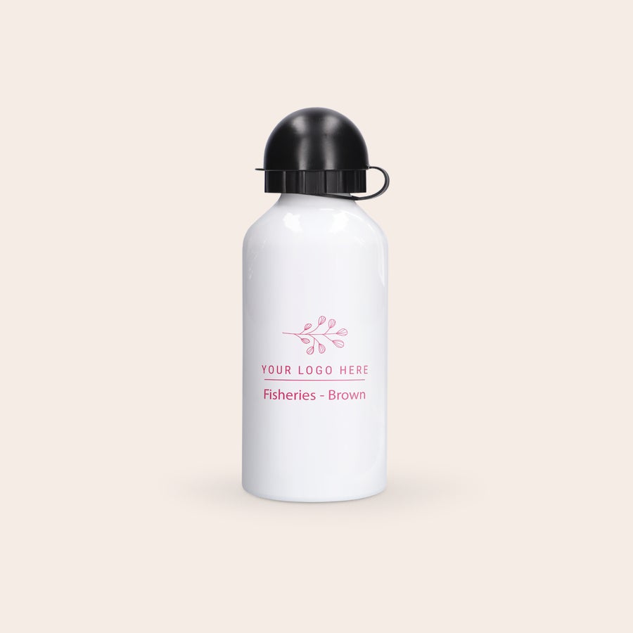 Water bottle White aluminum water bottle personalized with a logo and the text Fisheries - Brown printed in red