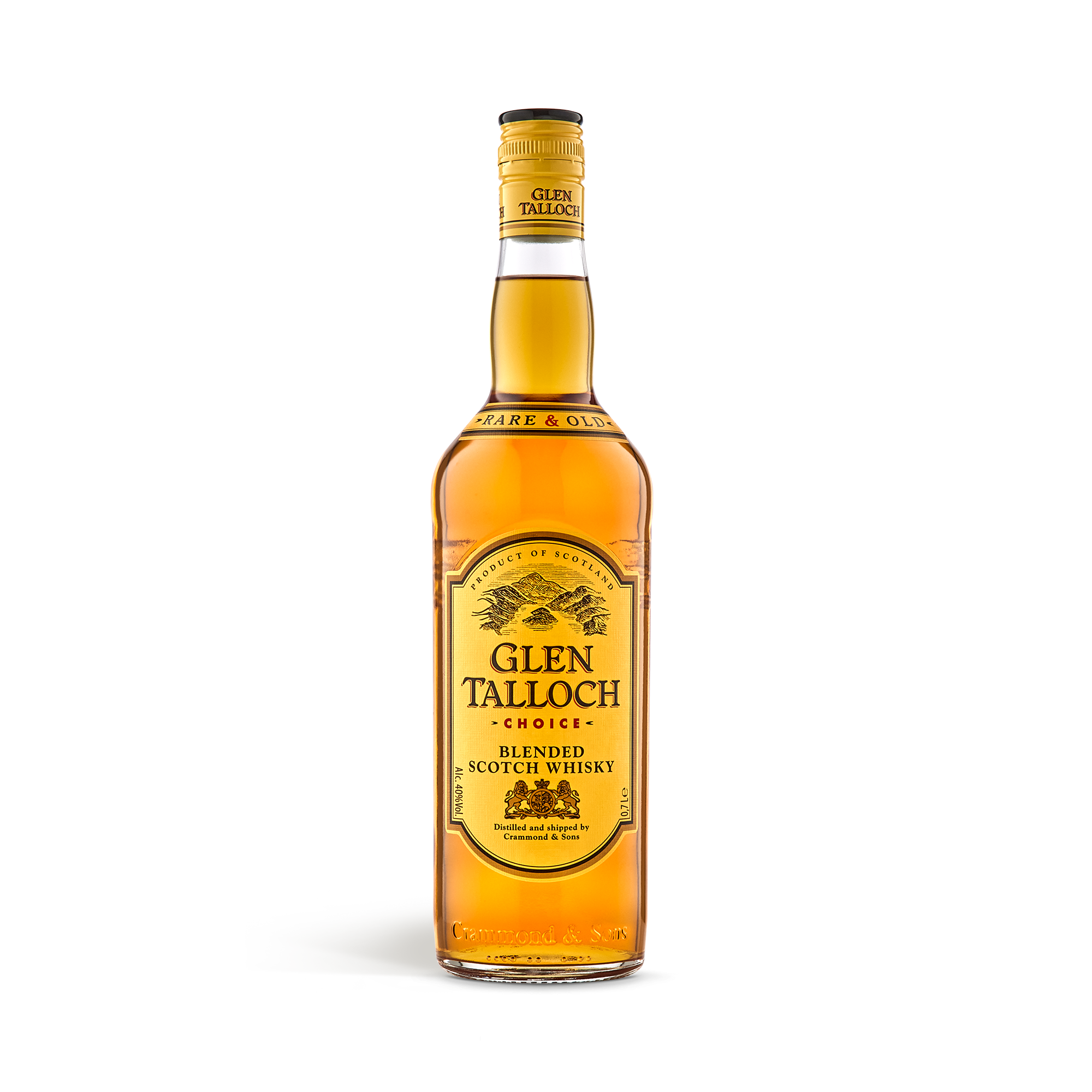 Bouteille de whisky Glen Talloch personnalisée avec l'étiquette classique dorée.