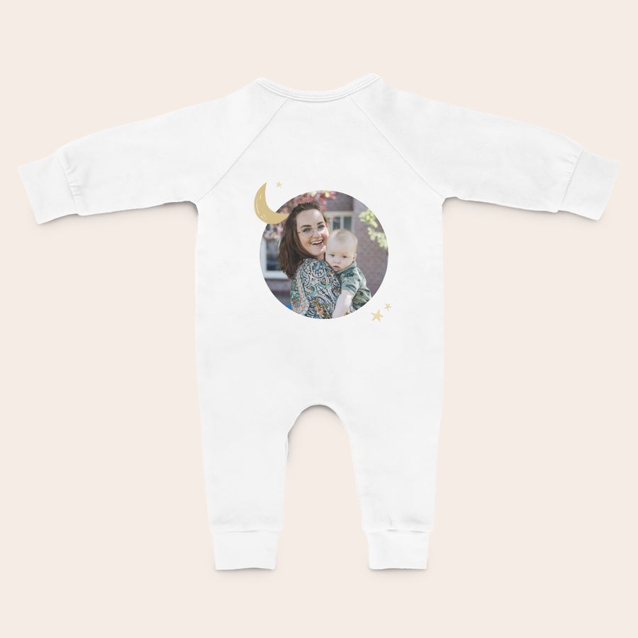 Baby Playsuit - Printed White personalised babygrow with a printed photo of a mother holding her baby and golden moon and stars designs