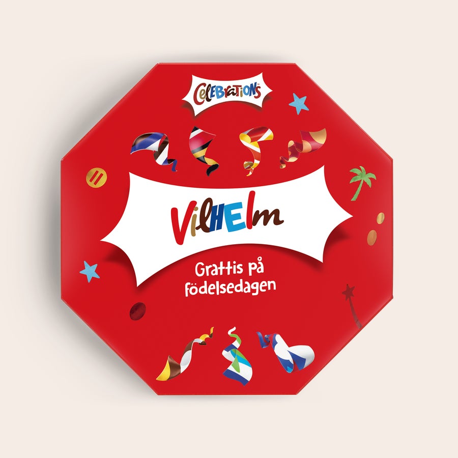 Celebrations presentask med namn Denna personliga Celebrations presentask med namnet Vilhelm och texten Grattis på födelsedagen är en läcker överraskning