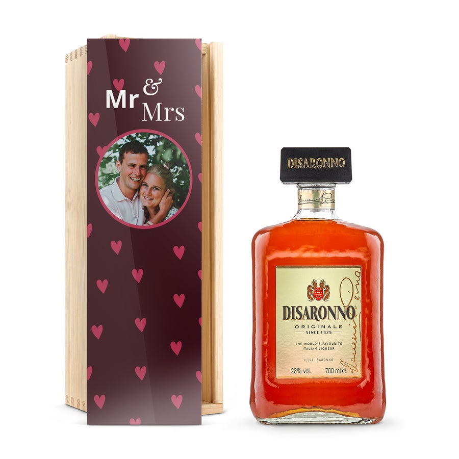 Amaretto Disaronno likeur in kist personaliseren Amaretto Disaronno likeur in kist personaliseren