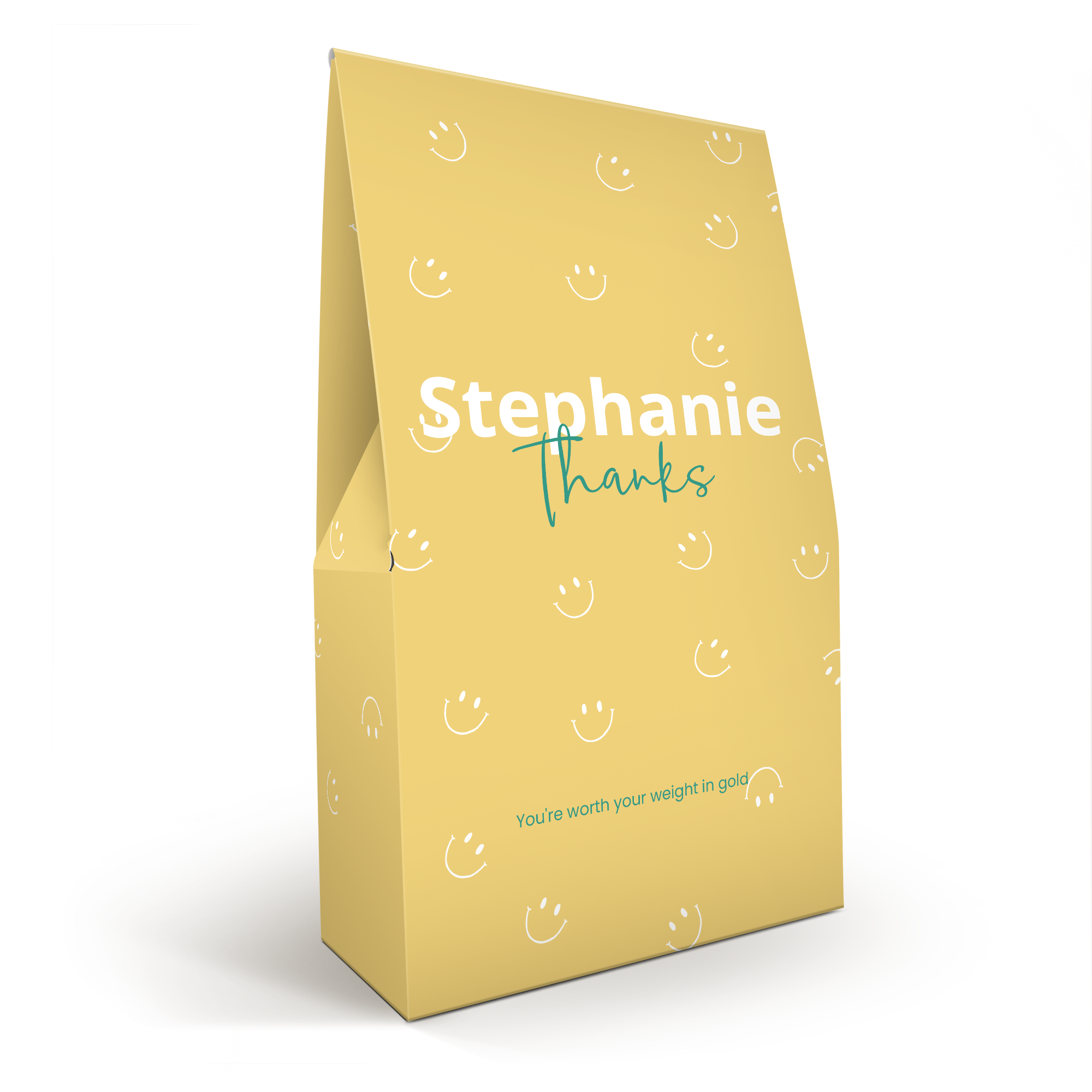 Yellow XL M&M's chocolate gift box with white smileys, printed with the name Stephanie and the text "thanks" and "You're worth your weight in gold"