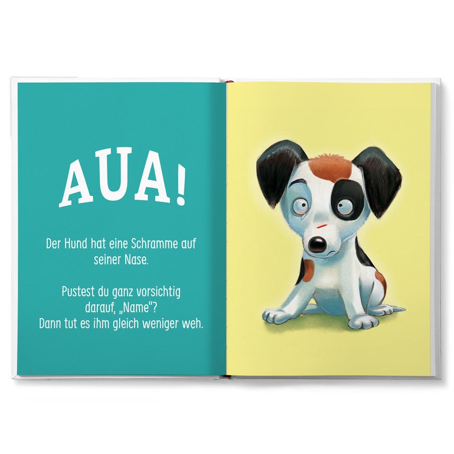 Personalisiertes Kinderbuch mit einem verletzten Hund, in dem der Name des Kindes für eine interaktive Geschichte verwendet wird, bei der das Kind den Tieren hilft.