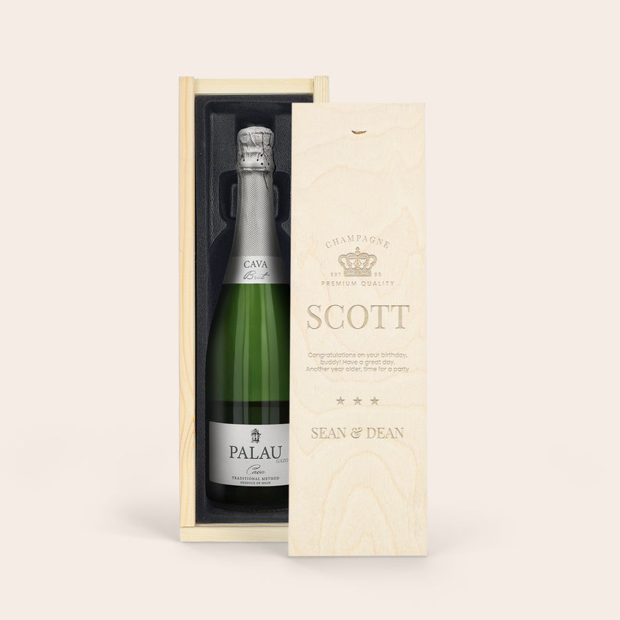 Personalised Wine Gift - Cava Palau Gazo Brut Palau Gazo Brut bottle in an engraved wooden case with the name Scott and a birthday message