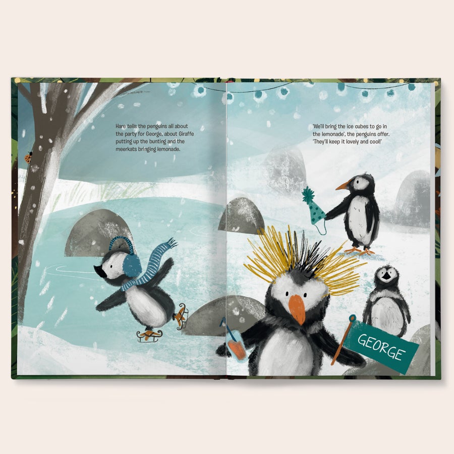 Personalised book - The Big Party Book Personalised book - The Big Party Book - Hardcover, featuring an open spread with penguins, one holding a flag personalized with the name George.